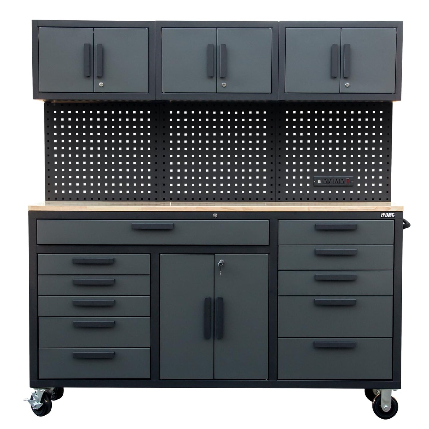 Tsnritor 72in Rolling Tool Chest Cabinet Mobile Garage Workbench Heavy-Duty Tool Cabinet on Wheels with 11 Drawers, 2-Door Cabinet, 3 Top Cabinet, Pegboard & Power Strip for Tool Organization