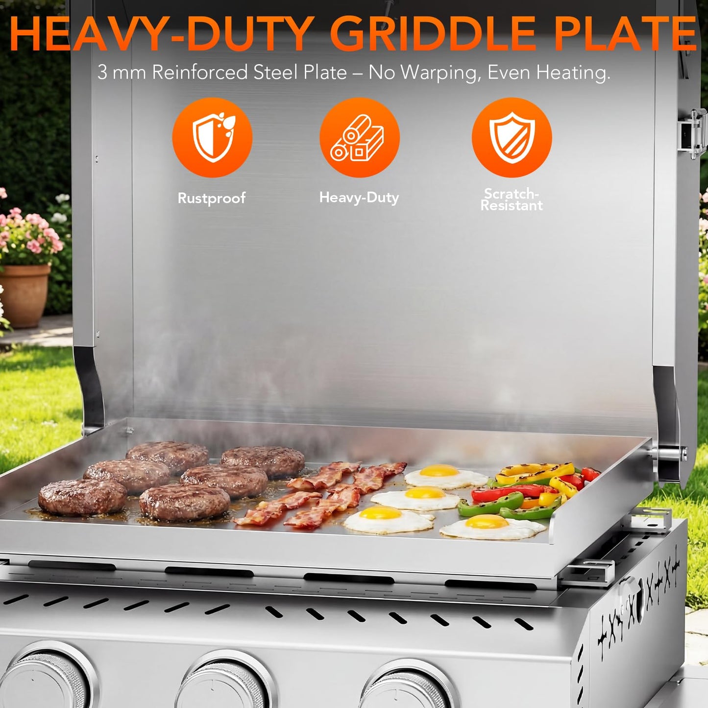 Heavy-Duty 3-Burner Propane Gas Griddle, Portable Griddle with Collapsible Stand, Full Stainless Steel Construction, 24,000 BTU Flat Top Gas Grill Griddle for Camping, Tailgating, Backyard & Patio