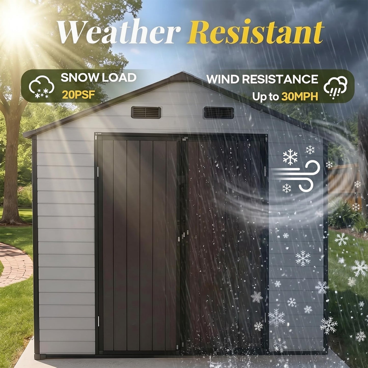 FammyLoft 8x8 FT Heavy Duty Resin Shed with Floor, Waterproof Outdoor Storage Shed with 2 Windows & 4 Vents, Lockable Door for Backyard, Garden, Patio, Bikes Brown White