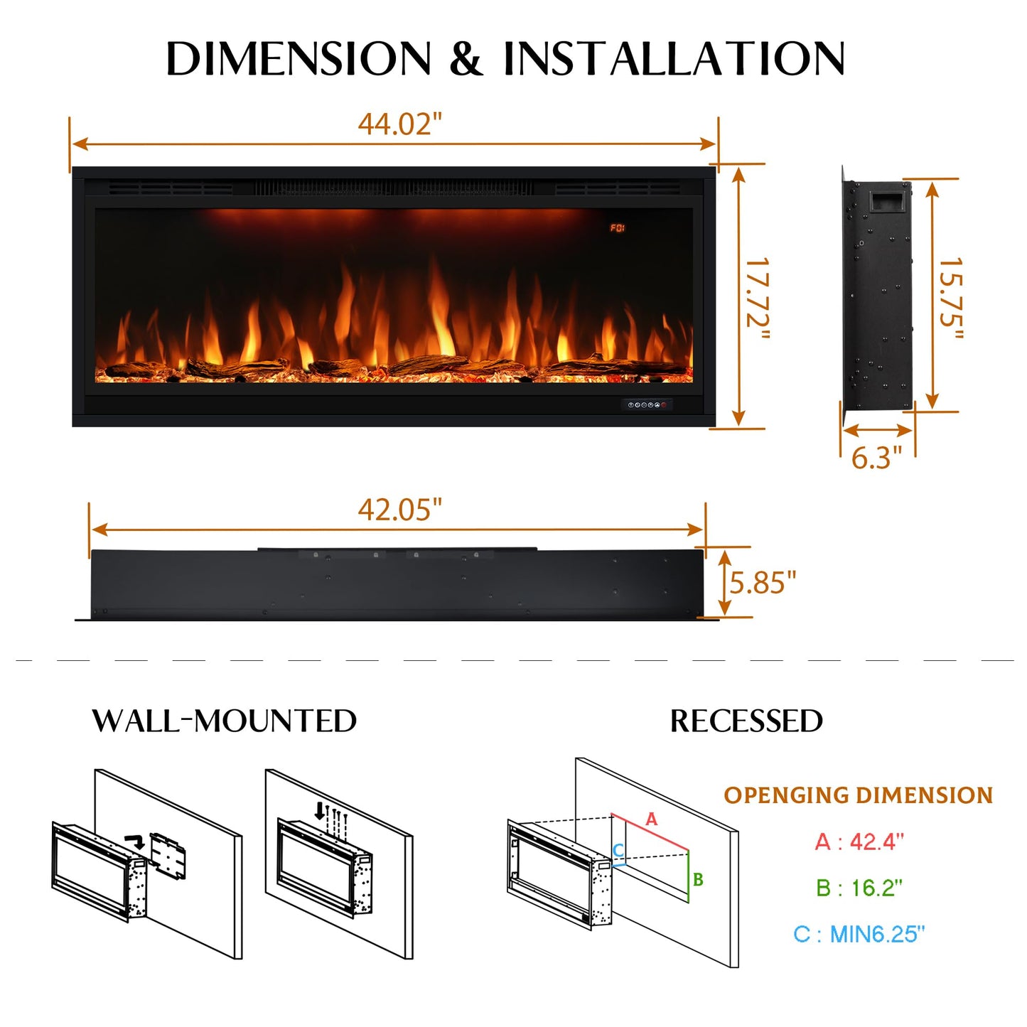 42 inch Smart Electric Fireplace WiFi-Enabled, Recessed &Wall Mounted Fireplace Inserts, Multicolor Flame w/Realistic Log &Crystals, Thermostat& Overheating Protection,Timer, 750W/1500W, Black