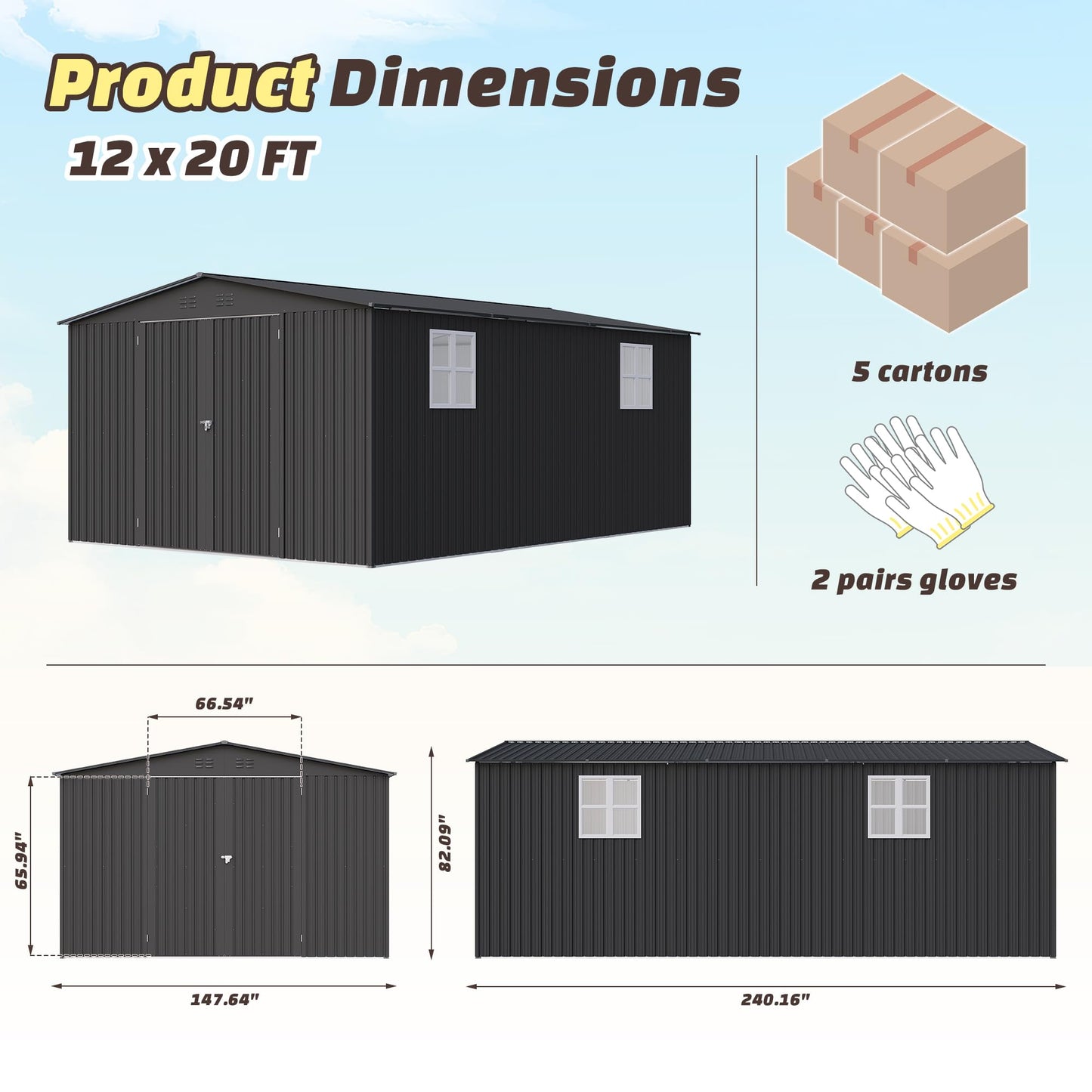 PABIMIA 12X20 FT Outdoor Storage Shed with Windows, Metal Garden Shed with Lockable Double Doors, Weather-Resistant Backyard Tool Shed for Patio, Lawn, Pool Supplies, Bikes & Outdoor Equipment