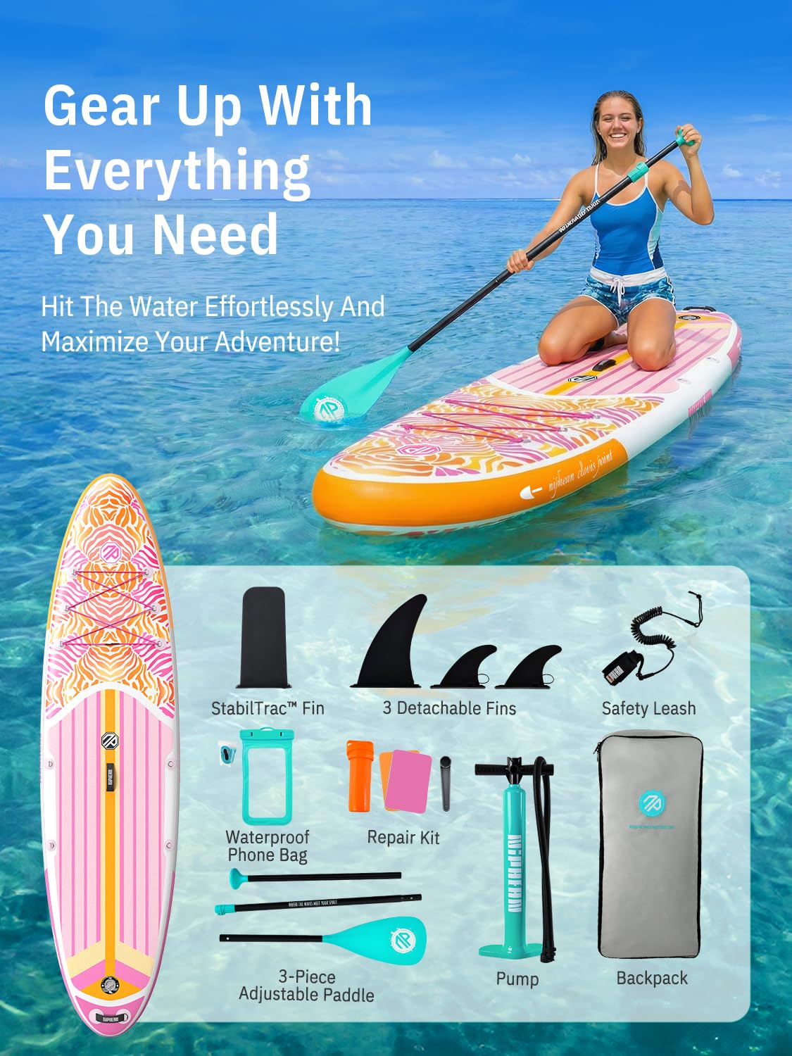 Niphean Inflatable Stand Up Paddle Board with Stabiltrac Fin Design and SUP Accessories, Anti-Slip EVA Deck, 10’6’’ Inflatable Paddle Boards for Adults & Youth of All Skill Levels