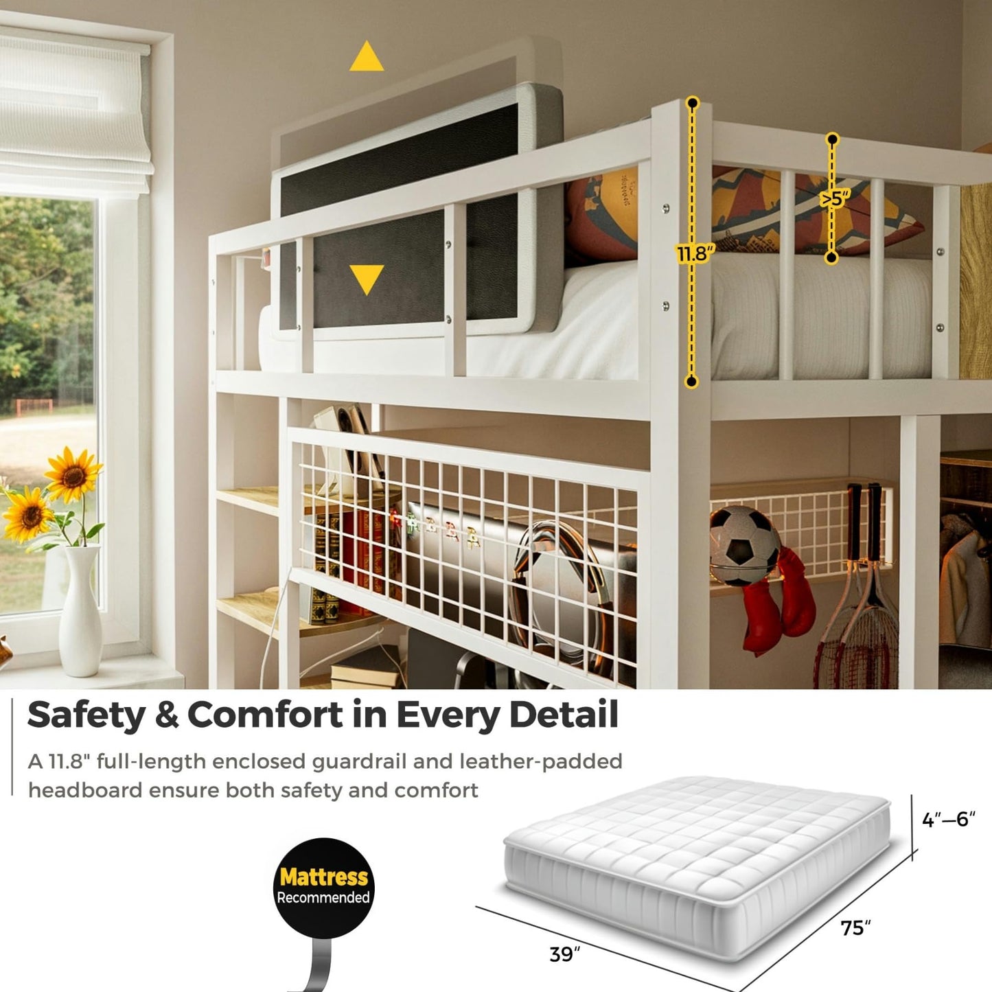 advwin Twin Size Loft Bed with Desk and Stairs, Storage Drawers and Shelves, Charging Station, LED Light, Safety Guardrail & Ladders, Metal Loft Bed Frame Gaming Bed for Adult, Space-Saving, White