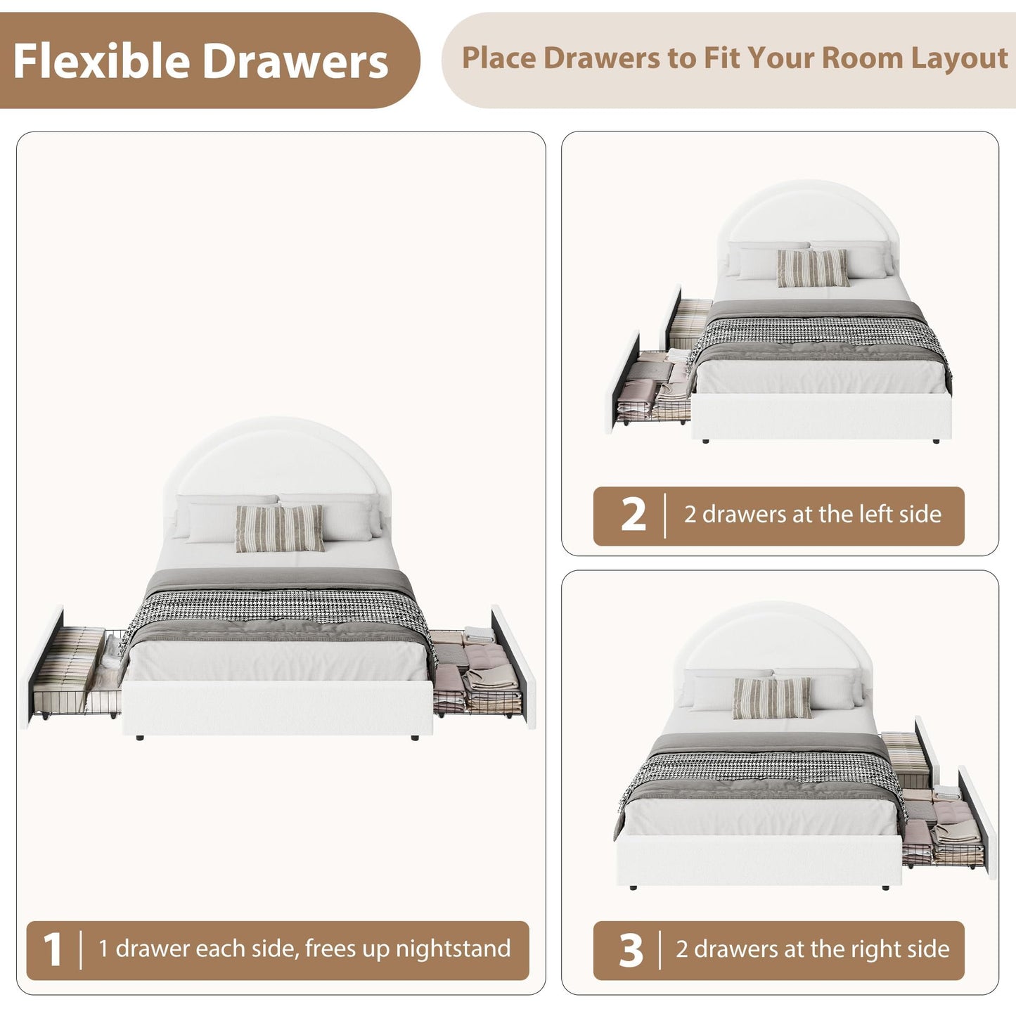 Garvee Full Size Bed Frame with Storage Drawers, Upholstered Boucle Platform Bed with Round Headboard, Heavy Duty & Noise Free, No Box Spring Needed, White