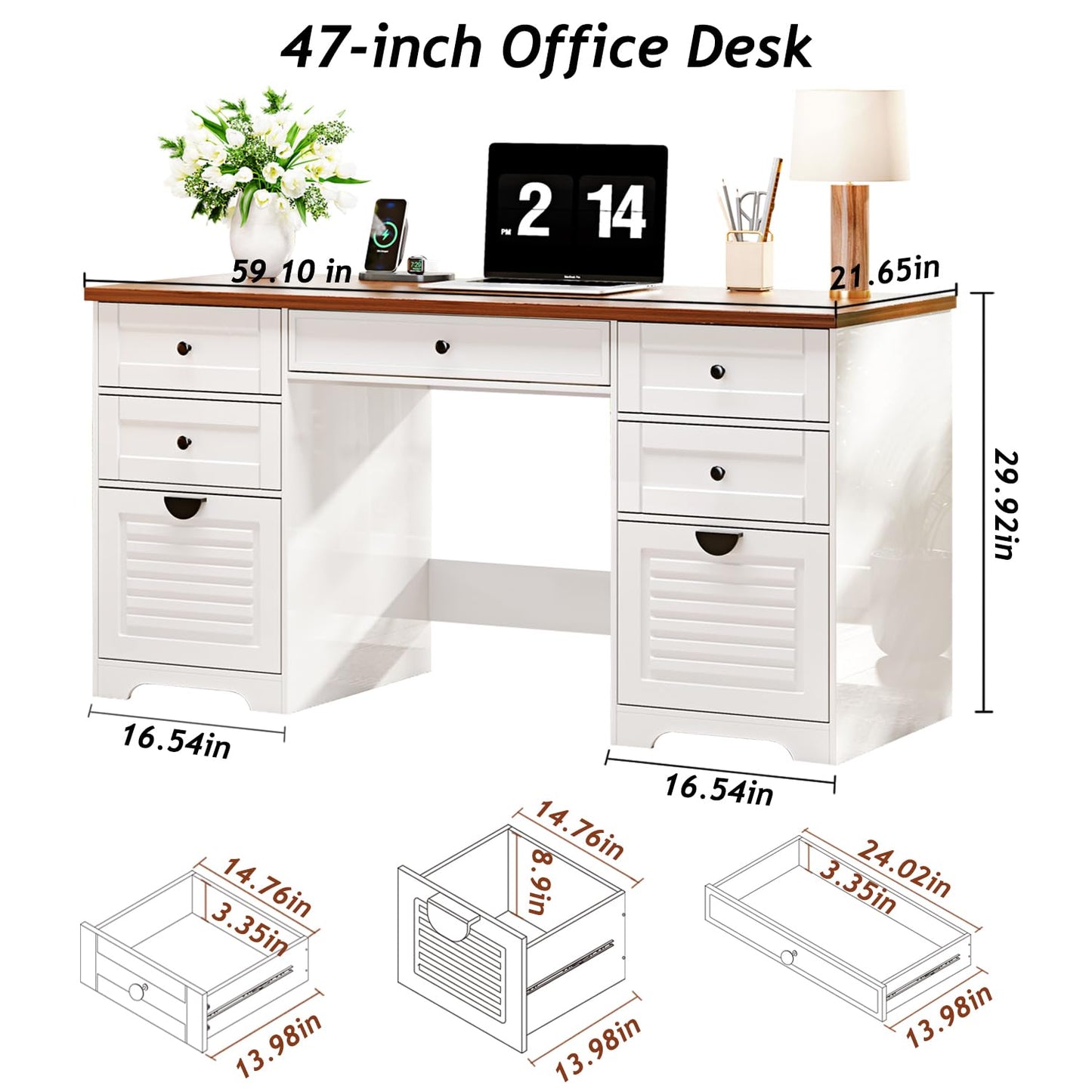 Ieejdn 59" Home Office Desks, Executive Desk, Farmhouse Computer Desk with 7 Drawers and Charging Station, File Drawer, Rustic Computer Writing Desk,Antique Cream