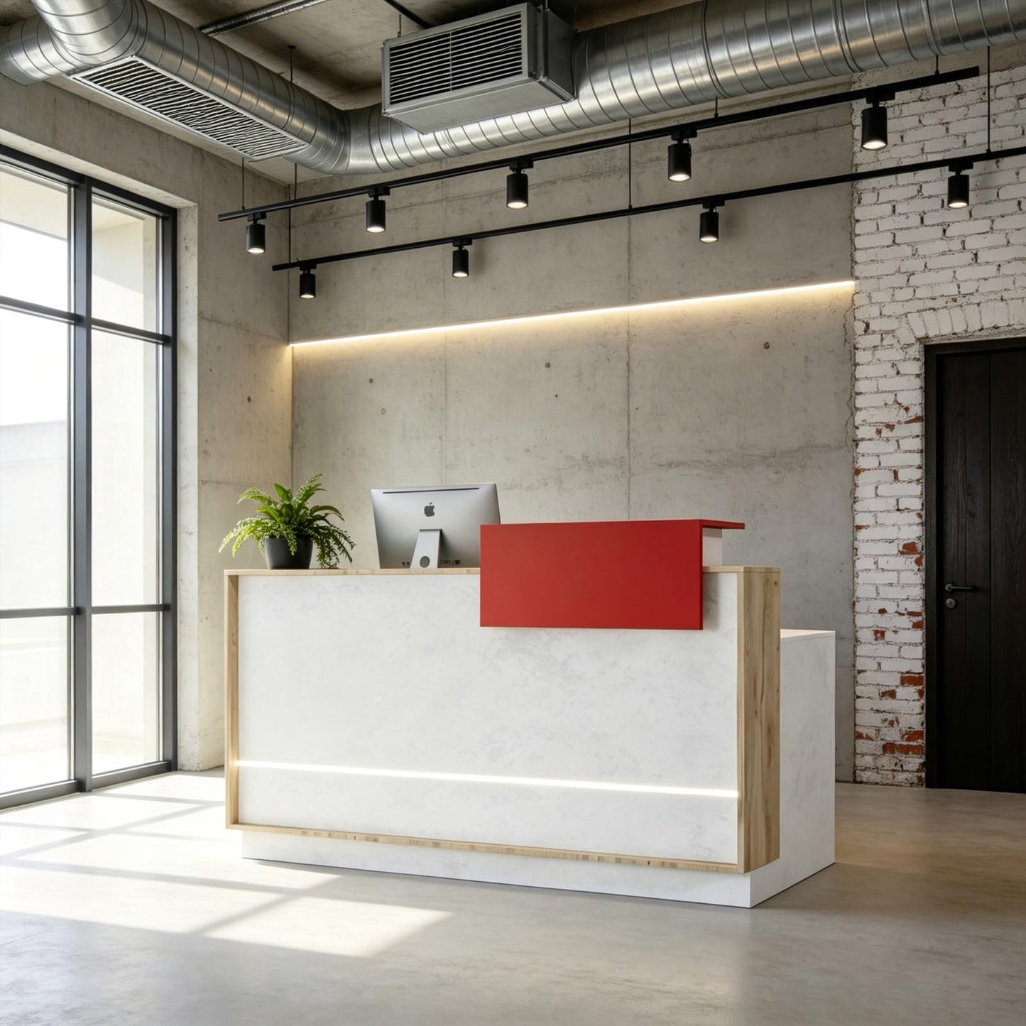Modern Reception Desk with Counter & LED Lighting, Small Front Desk with Locking Drawer, Keyboard Tray & Cable Grommets, White Stone & Wood for Salon, Boutique, Retail Store & Office (55 in, Left)