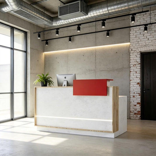 Modern Reception Desk with Counter & LED Lighting, Small Front Desk with Locking Drawer, Keyboard Tray & Cable Grommets, White Stone & Wood for Salon, Boutique, Retail Store & Office (55 in, Left)