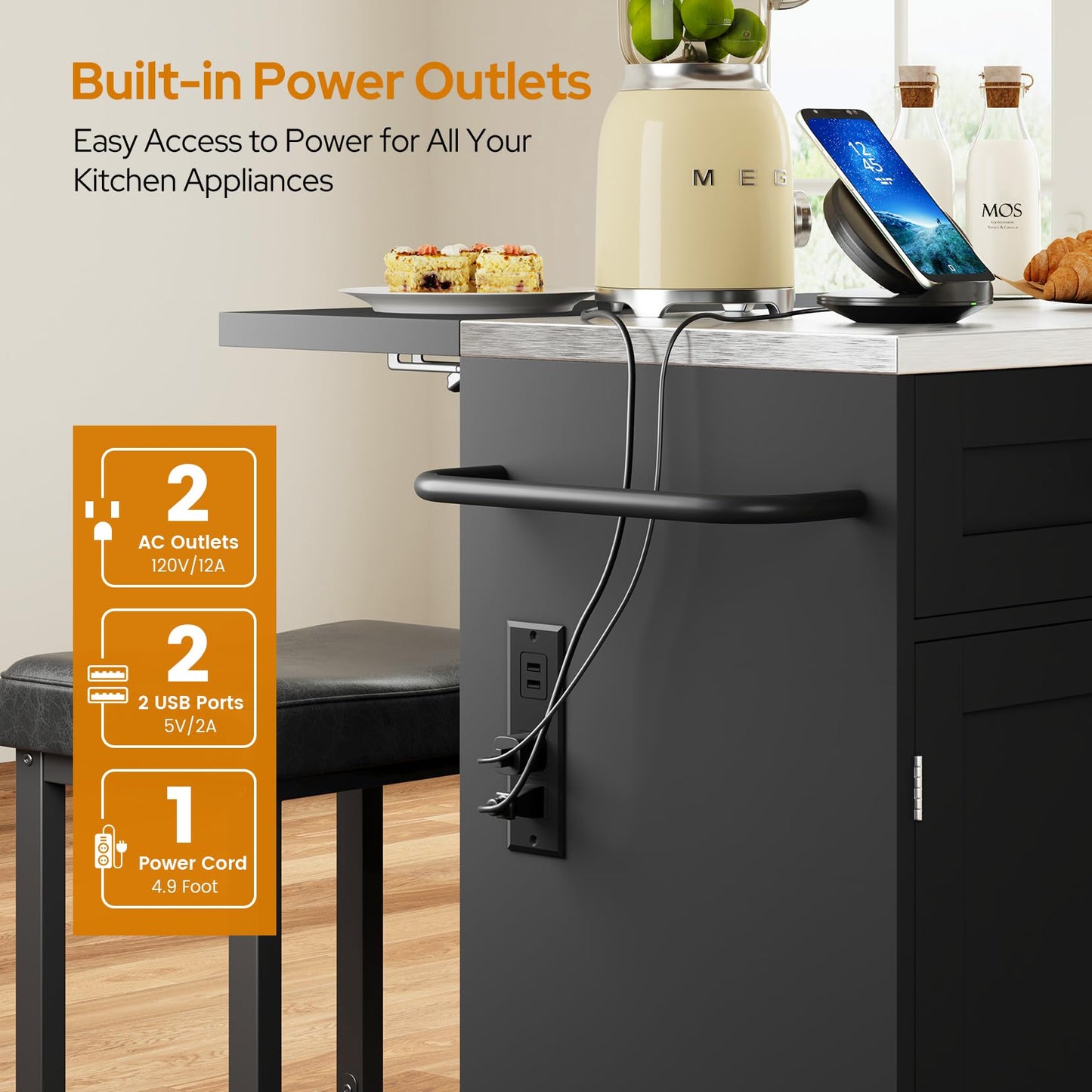 Concho 56'' Rolling Kitchen Island with Seating and Stainless Steel Countertop, Mobile Kitchen Carts with Folding Drop Leaf, 2 Bar Stools, Power Outlet, Spice/Towel Rack, Zest Black