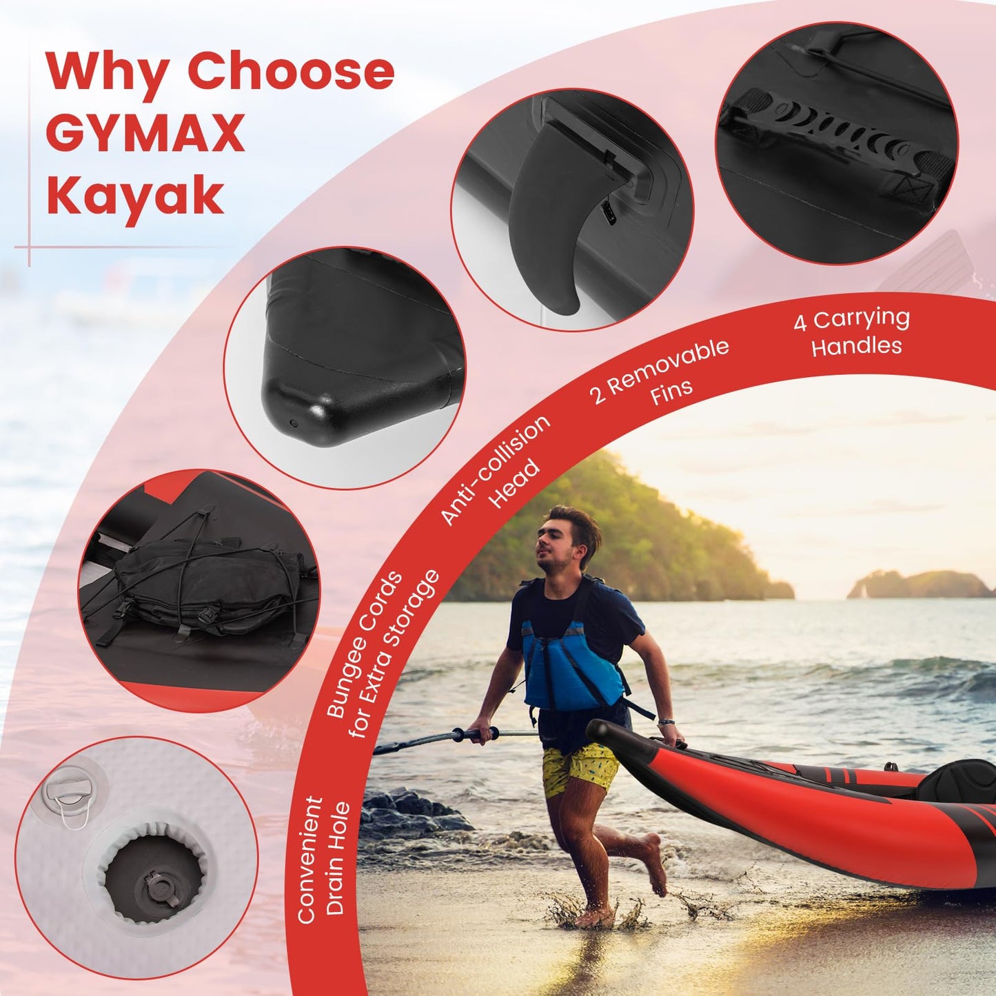 GYMAX Inflatable Kayak, 12.5Ft 507lbs Tandem Kayak with 2 Aluminum Paddles, 2 Padded Seats, Footrests, 2 Fins, Hand Pump, Carry Bag & Repair Kit, 2 Person Fishing Touring Kayak for Adults Youth (Red)