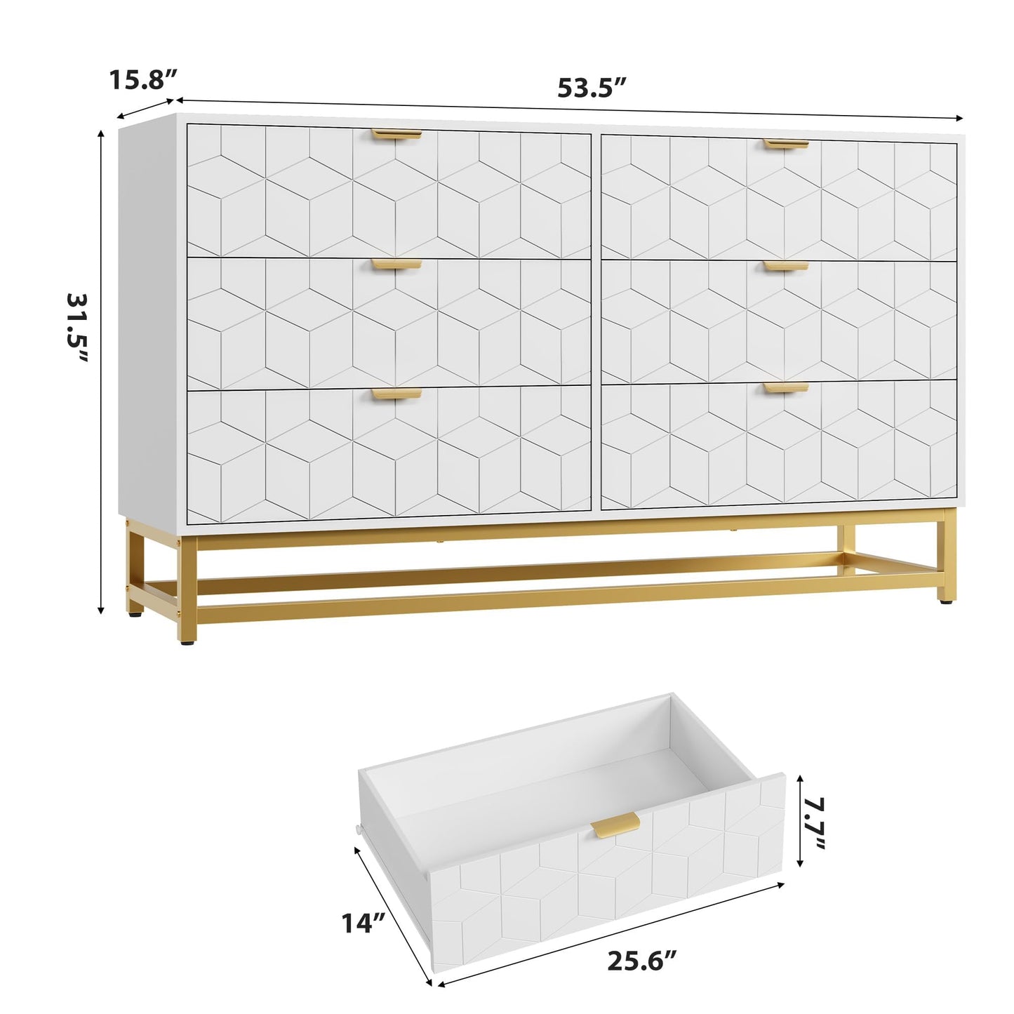 IDEALHOUSE White 6 Drawer Dresser for Bedroom, 53.5” Large Dresser with Metal Legs, Modern Chest Organizer with Wide Storage, Chest of Drawers for Bedroom, Living Room, Entryway