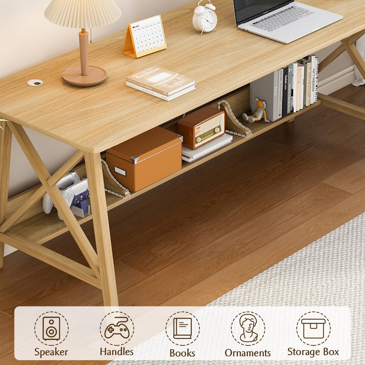 NELYE Extra Long Desk with Bookshelf - Wooden Home Office Work Study Table, 2-Person Writing Computer Workstation with Storage Shelf in Oak, 63" Wx24 Dx30 H