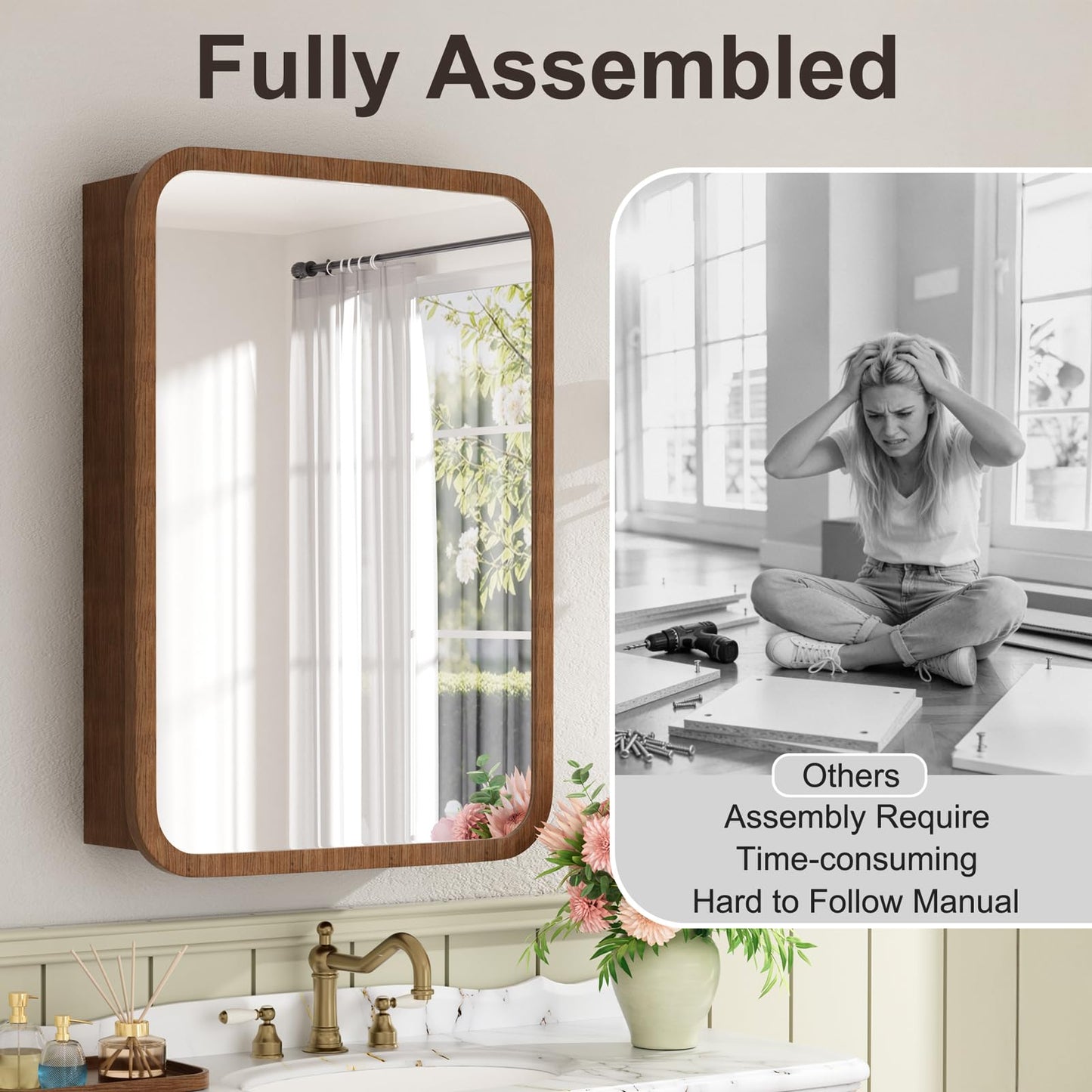 Keazile 20x28 Inch Wood Medicine Cabinet with Mirror, Surface or Recessed Mount Bathroom Mirror Cabinet, Adjustable Glass Shelves, Soft-Close Door, Rounded Corner, Fully Assembled, Walnut