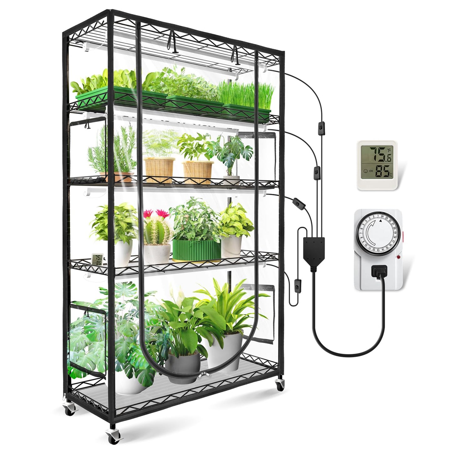 JESLED Indoor Greenhouse with Grow Light, 3FT Full Spectrum 5000K LED Light for Seed Starting, Tiered Lighting Control, Built-in Timer & Thermo-Hygrometer, Rolling Metal Plant Stand (35.4x13.8x70 in)