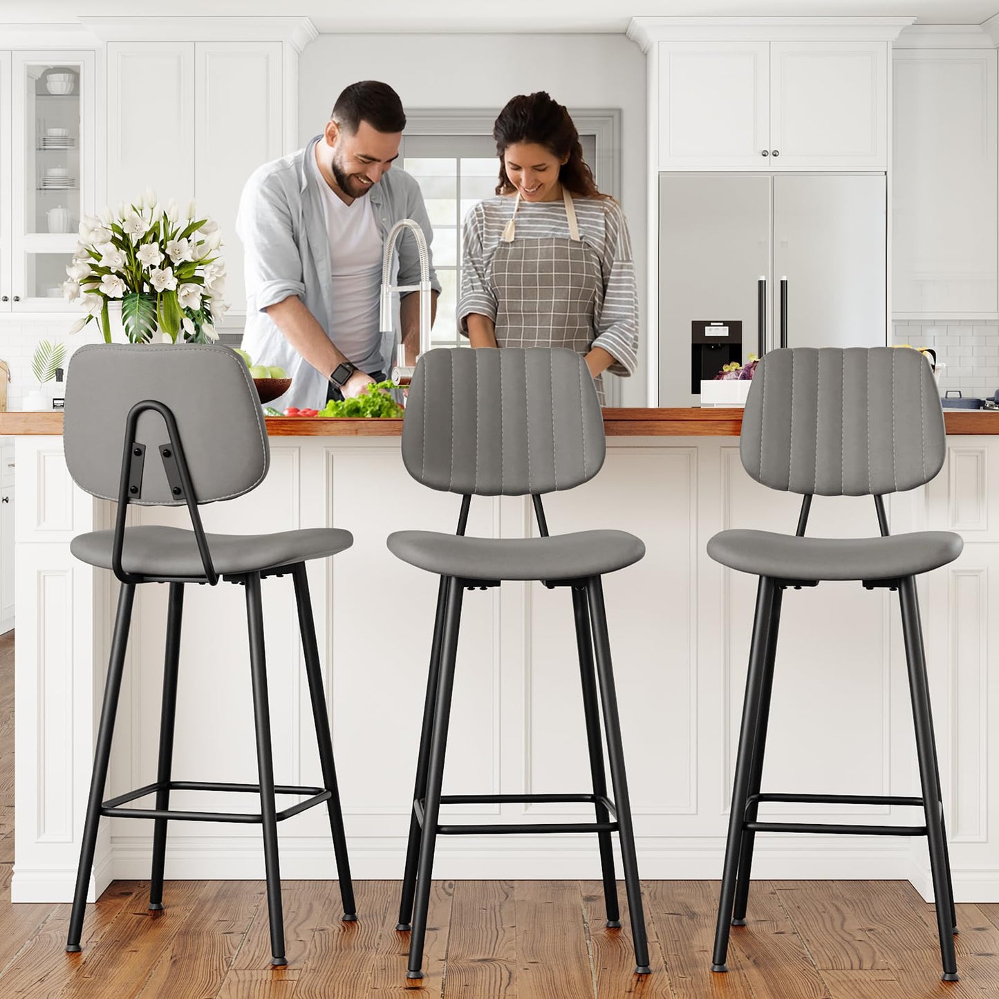 Raynesys 29-Inch Leather Bar Stools Set of 3, Counter Height Barstools with High Backrest，Bar Chairs for Kitchen Island with Heavy Duty Metal Base, Gray