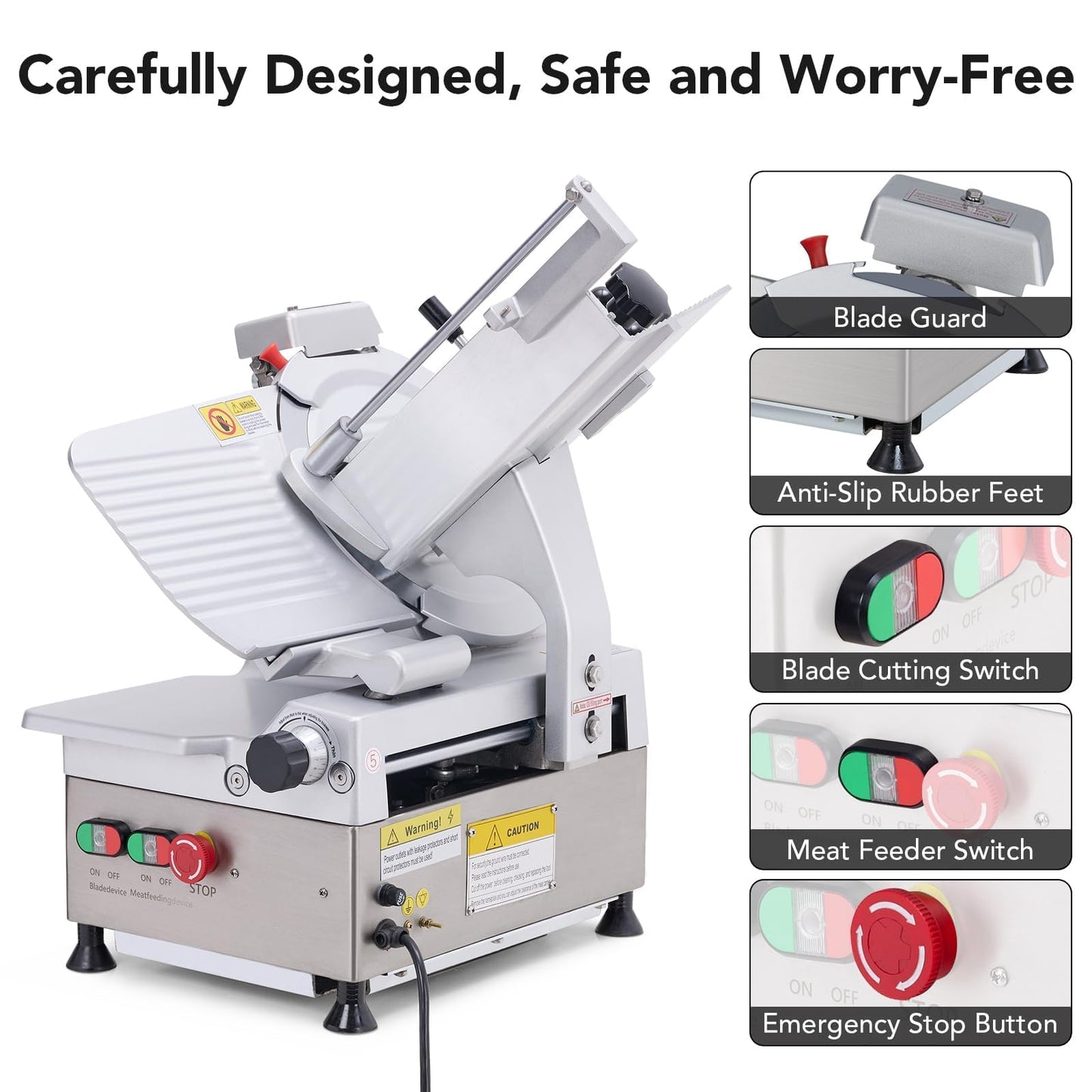 Commercial Electric Meat Slicer, 12" Steel Blade, 550W Dual Motors, 0–14mm Adjustable Thickness, Built-in Sharpener, Heavy Duty Automatic Food Slicer for Meat, Bread, Frozen Foods, YQR-300