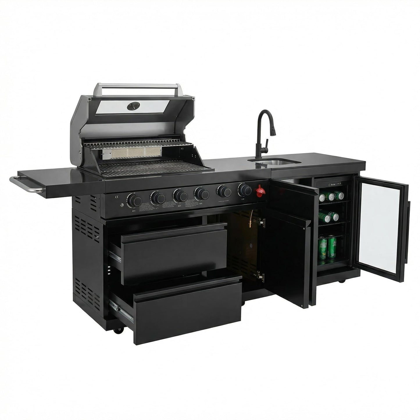 GDFStudio 84" Stainless Steel Outdoor Kitchen Bar and BBQ Island Grill with 6-Burner Gas Grill, 75300 BTU, SS304 Integrated Sink, Wine Cooler, Refrigerator, Granite Countertop, Rotisserie, Black