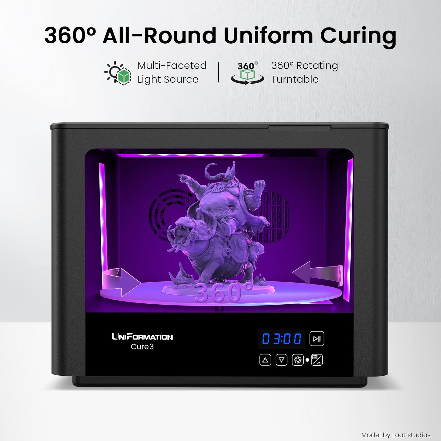 UniFormation 10.3-inch Cure3 Curing Machine 405nm UV Resin Curing Station with 360° Turntable D282 x H162 mm Curing Box Compatible with Resin 3D Printers for 3D Printed Models