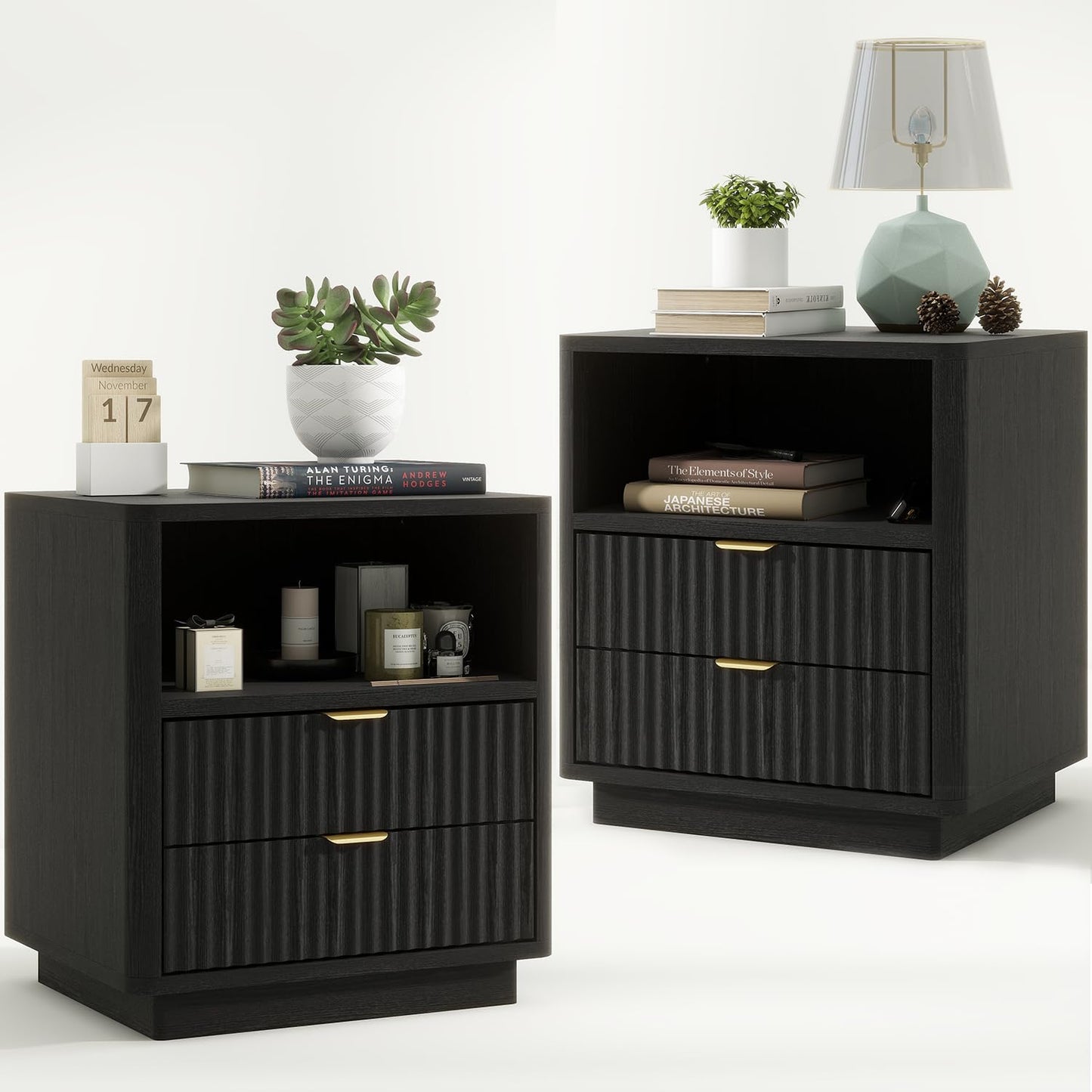 ROCSUMOO Black Nightstands Set of 2, Fluted Nightstands with 2 Drawers and Open Shelves, Large Wooden Night Stands Modern Design Night Stand for Bedroom Sofa Office (2, Black)