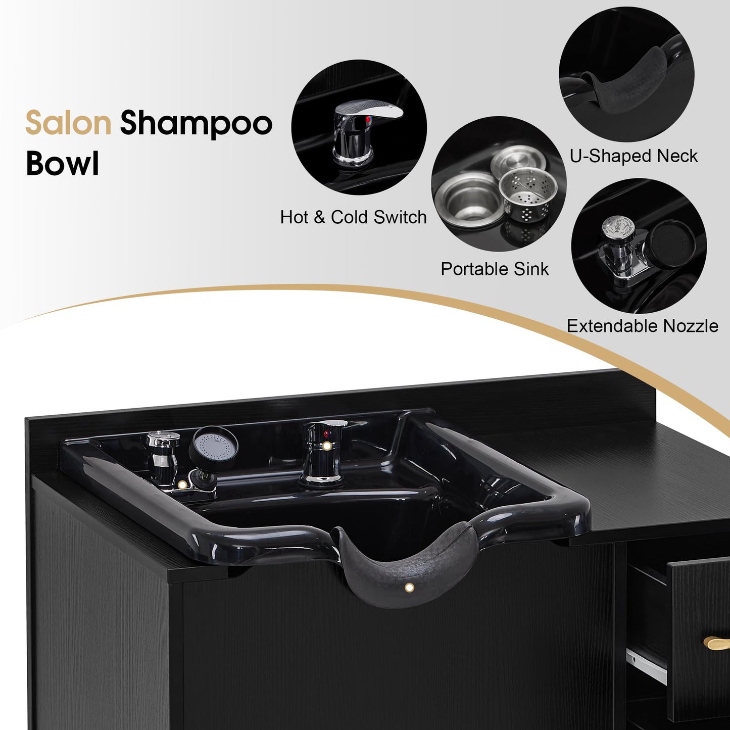 BarberPub Shampoo Cabinet with Sink, Modern Salon Backwash Station with Bowl, Neck Rest, 2 Drawers, Storage Shelf,Hot & Cold Control 7135 (Black)