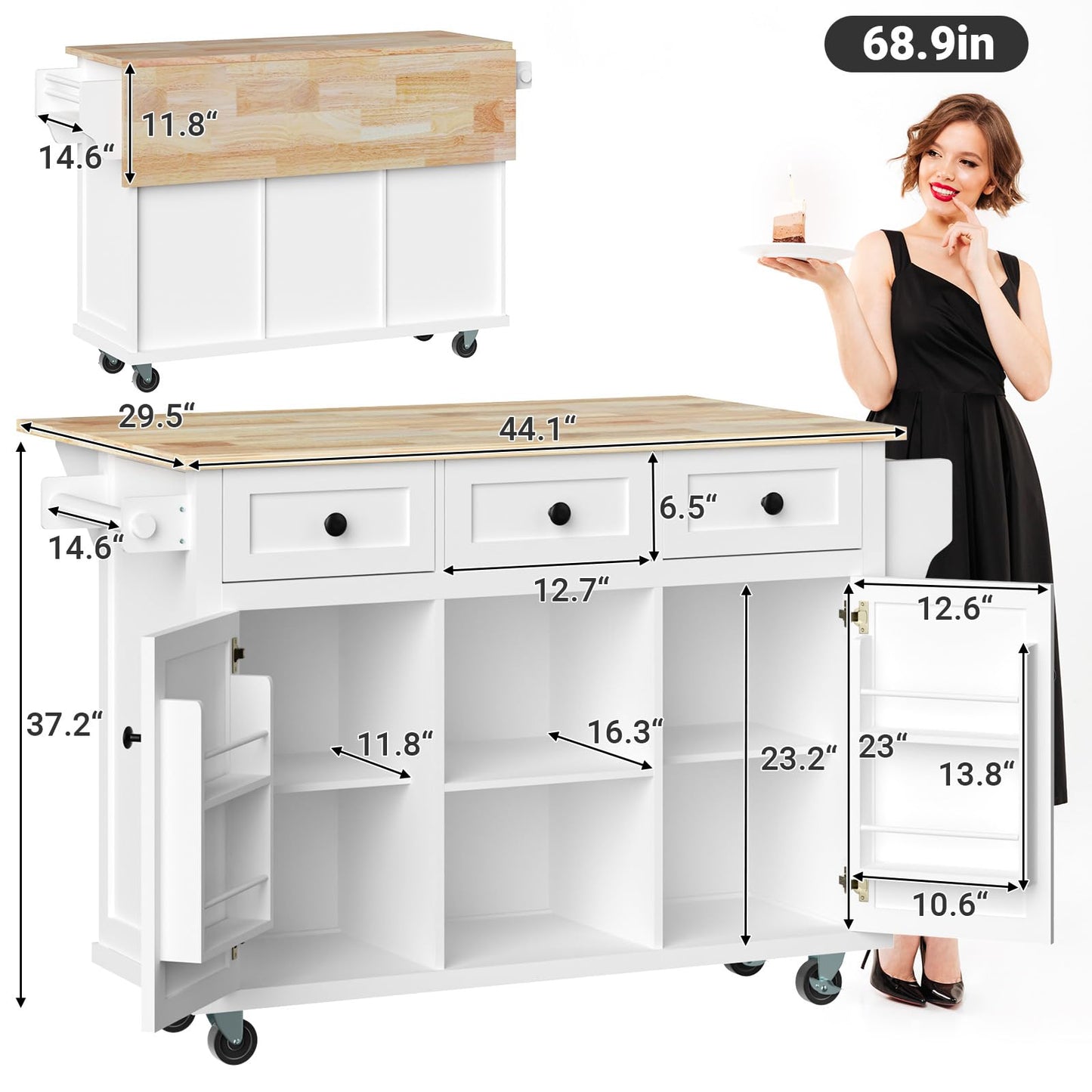 Rovibek Kitchen Island with Drawers 53 in Rolling Island Cart Mobile Portable Islands on Wheels Solid Wood Island with Storage Cabinet & Drawers, Bright White