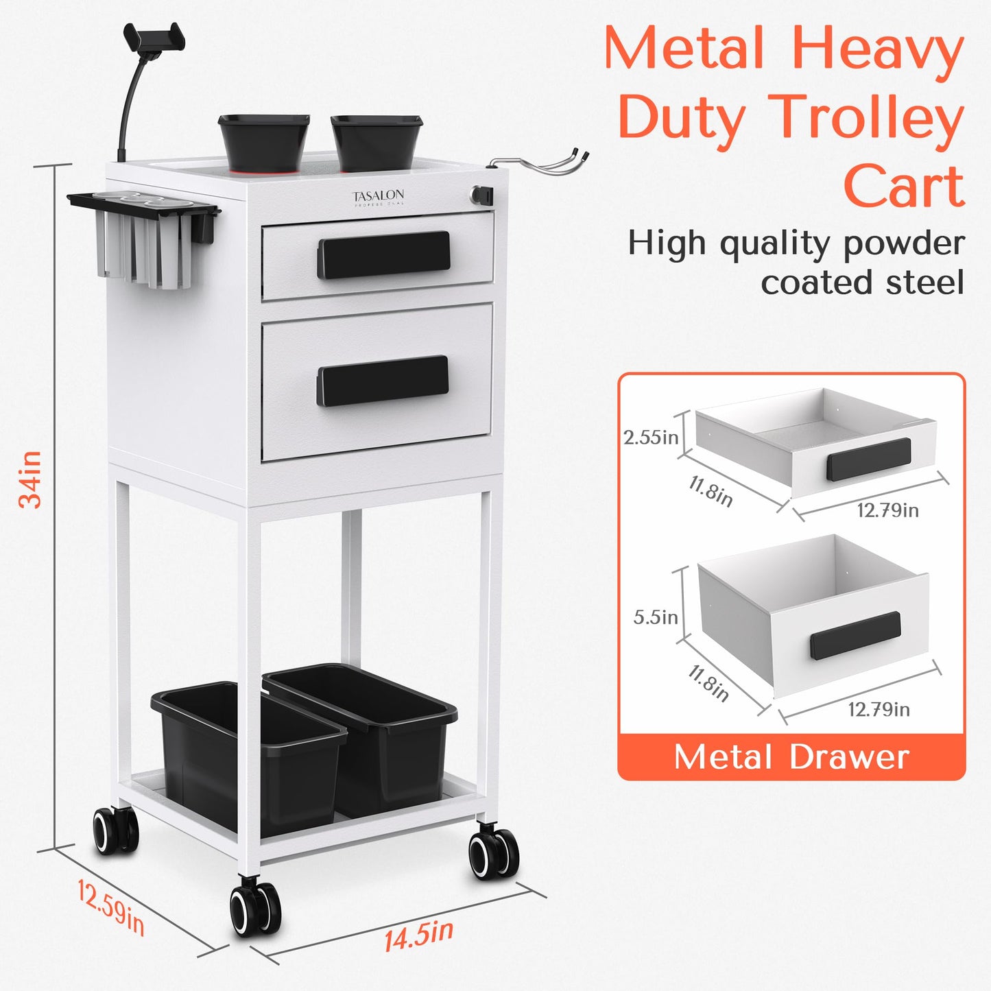 TASALON Salon Trolley Cart with Wheels, 2 Magnetic Bowls & Drawers | Mobile Hair Stylist Station for Tools Storage, Rolling Organizer Cart for Barber & Tattoo Supplies - White