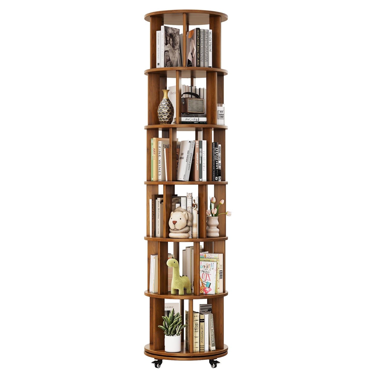 IUNVR Rotating Bookshelf, 6 Tier Solid Wood Bookshelf Tower with Lockable Wheels, 360° Spinning Revolving Bookcase for Small Spaces, Corners, Bedroom, Kids Room, Home Office, Walnut