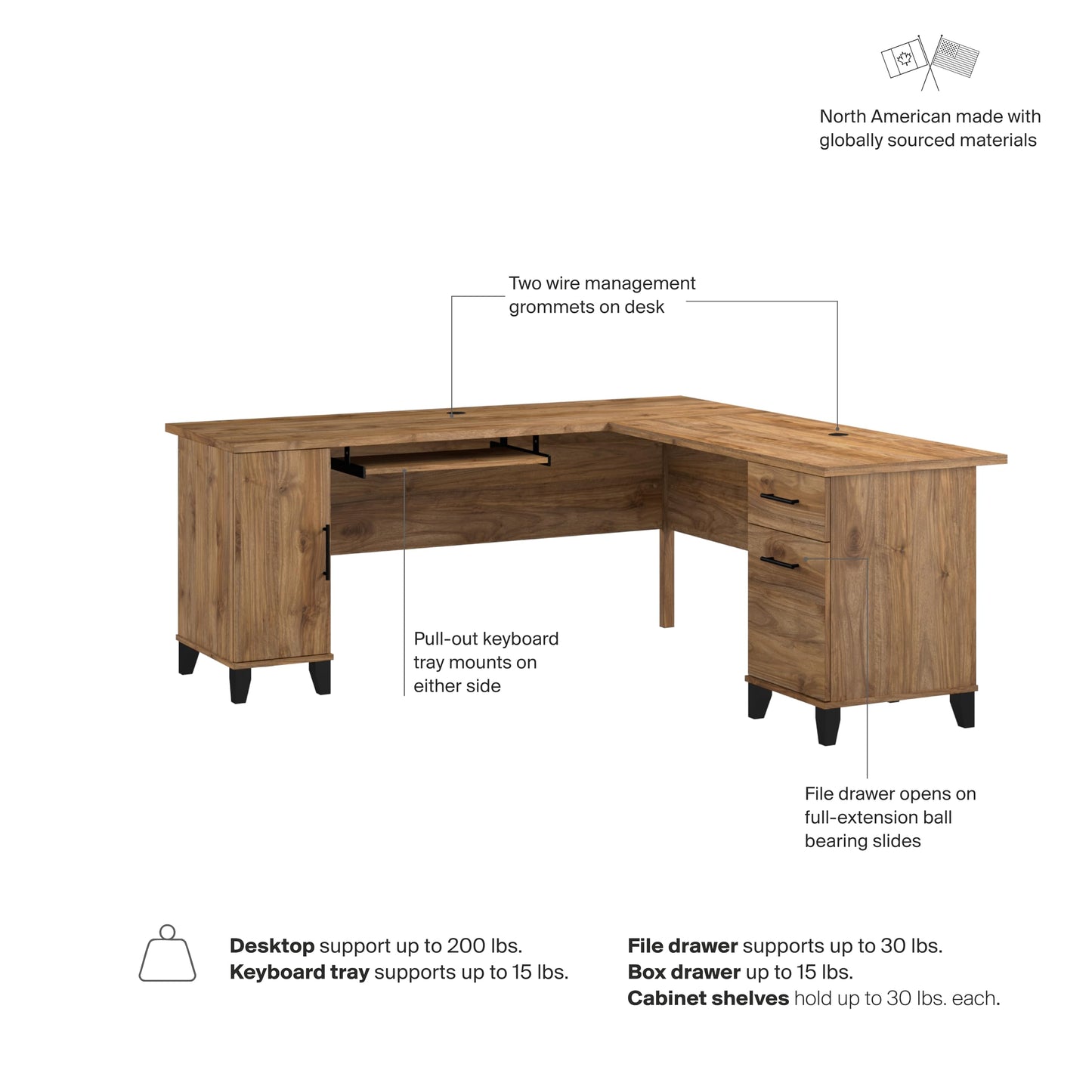 Bush Home 72-Inch L-Shaped Desk with Storage, Corner Computer Office Desk with File and Box Drawers, Home Office Workstation with Storage Cabinet, Somerset Collection, Fresh Walnut