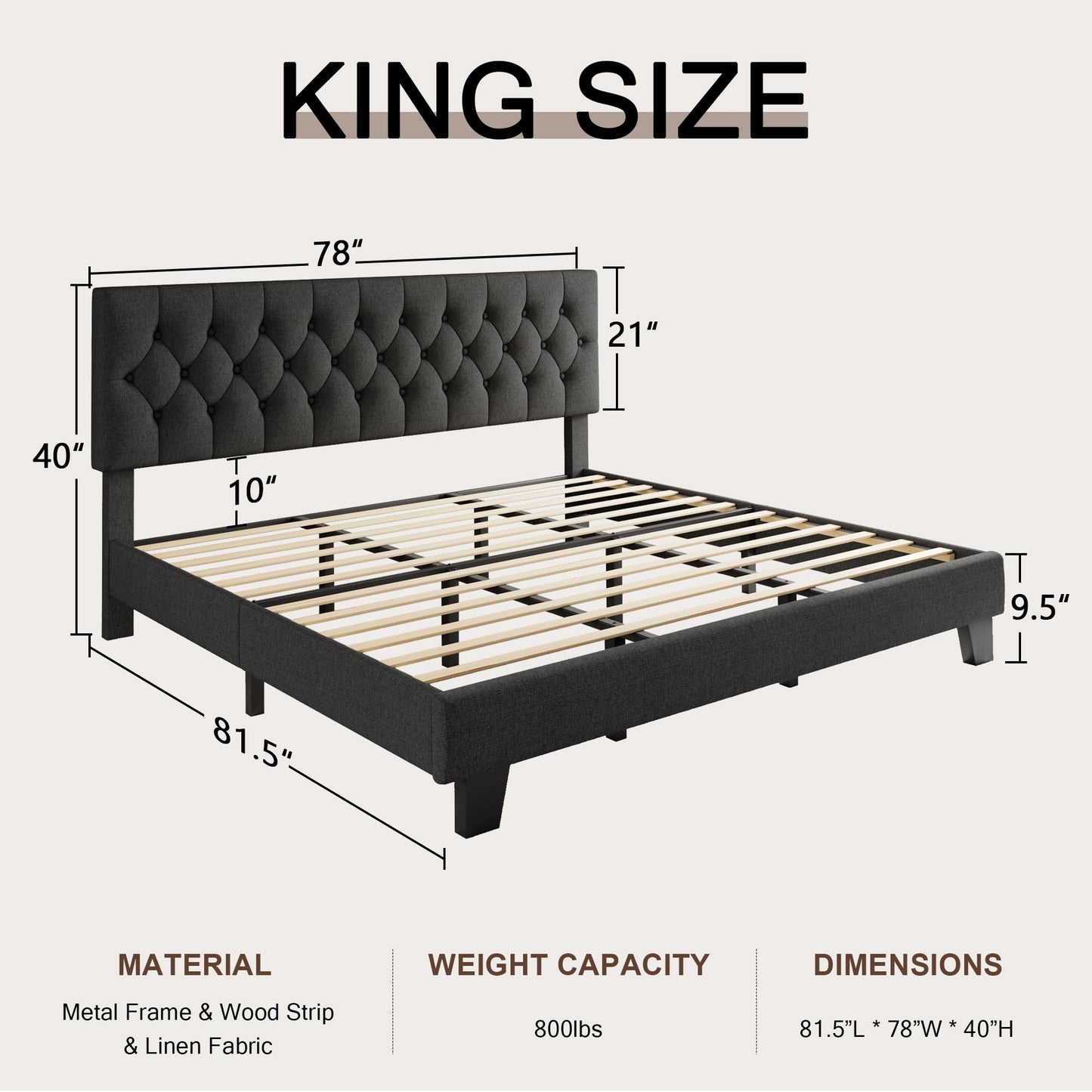 Einhomn King Size Upholstered Bed Frame with Headboard, Tufted Button Linen Bed Base, Platform Bed with Heavy Duty Wood Slat Support, No Box Spring Needed, Easy Assembly, Noise-Free, Dark Grey