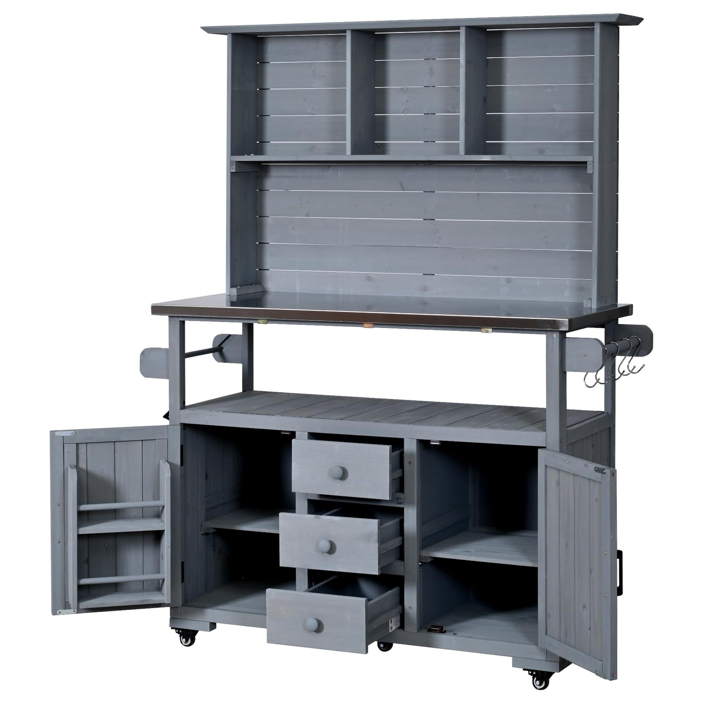 GDFStudio Preden Outdoor Storage Bench Table with Cabinet, Patio Wooden Potting Bench, Garden Storage Work Bench with Stainless Steel Top, Drawers, Cabinets, Shelves and Hooks, Kitchen Island, Gray