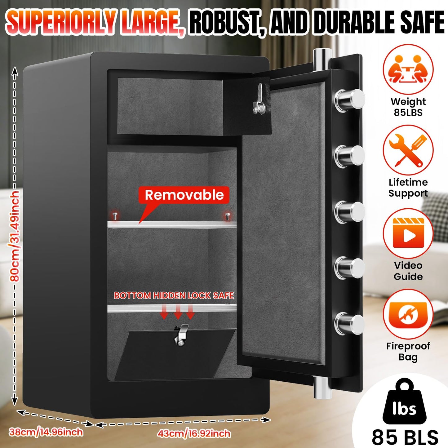 9.0 Cuft Large Fireproof Waterproof Safe for Home, 1800°F Fire Protection for 30 Minutes, 85 LBS Heavy Duty Biometric Safe with Fingerprint Keypad Lock, Anti-Theft Alarm for Documents and Valuables