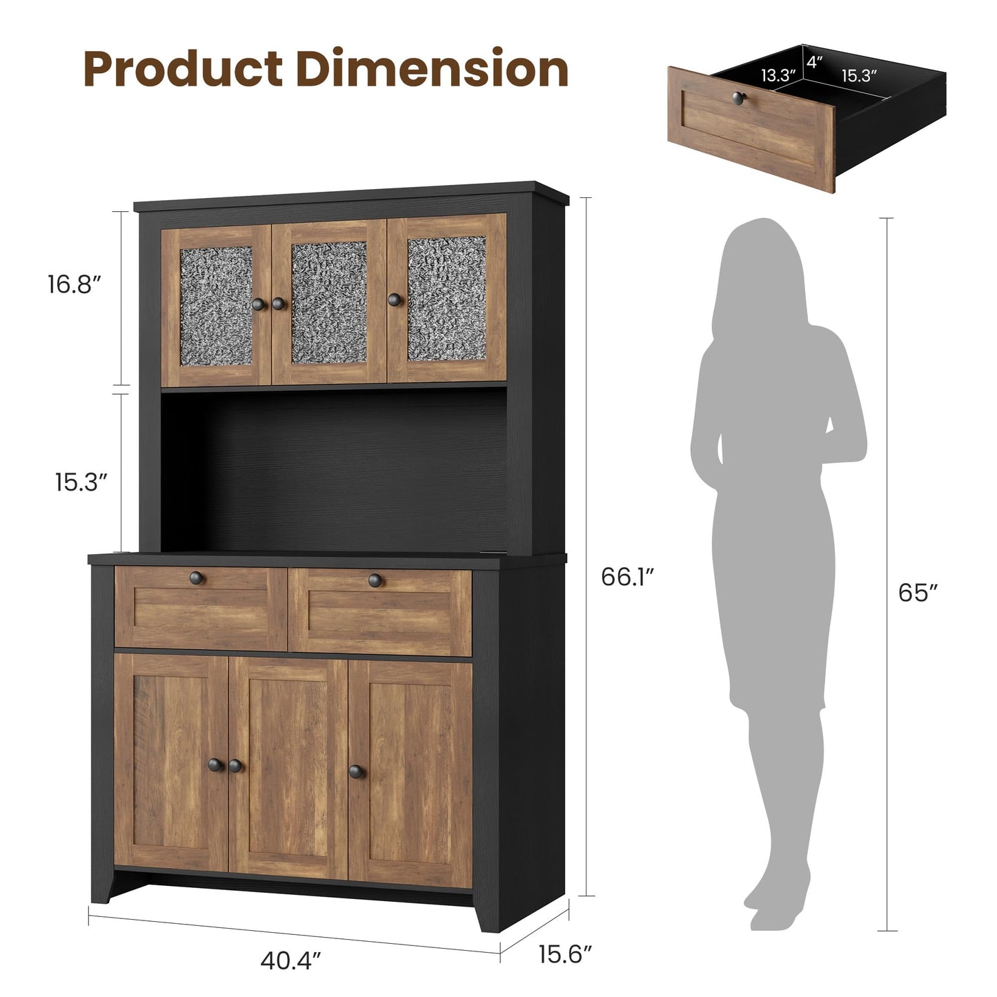 Pantry Cabinet with Charging Station, Farmhouse Kitchen Pantry Storage Cabinet with Countertop, Large Kitchen Hutch with Storage Drawers and Adjustable Shelves & Water Ripple Design for Dining Room,