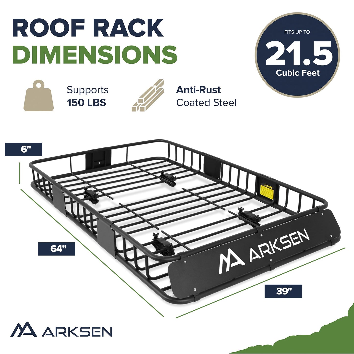 ARKSEN 64" x 39" x 6" Roof Rack Basket with Extension, 150 lb Heavy-Duty Steel Cargo Carrier, Fits Crossbars up to 1.38" Thick, for SUV & Pickup Truck