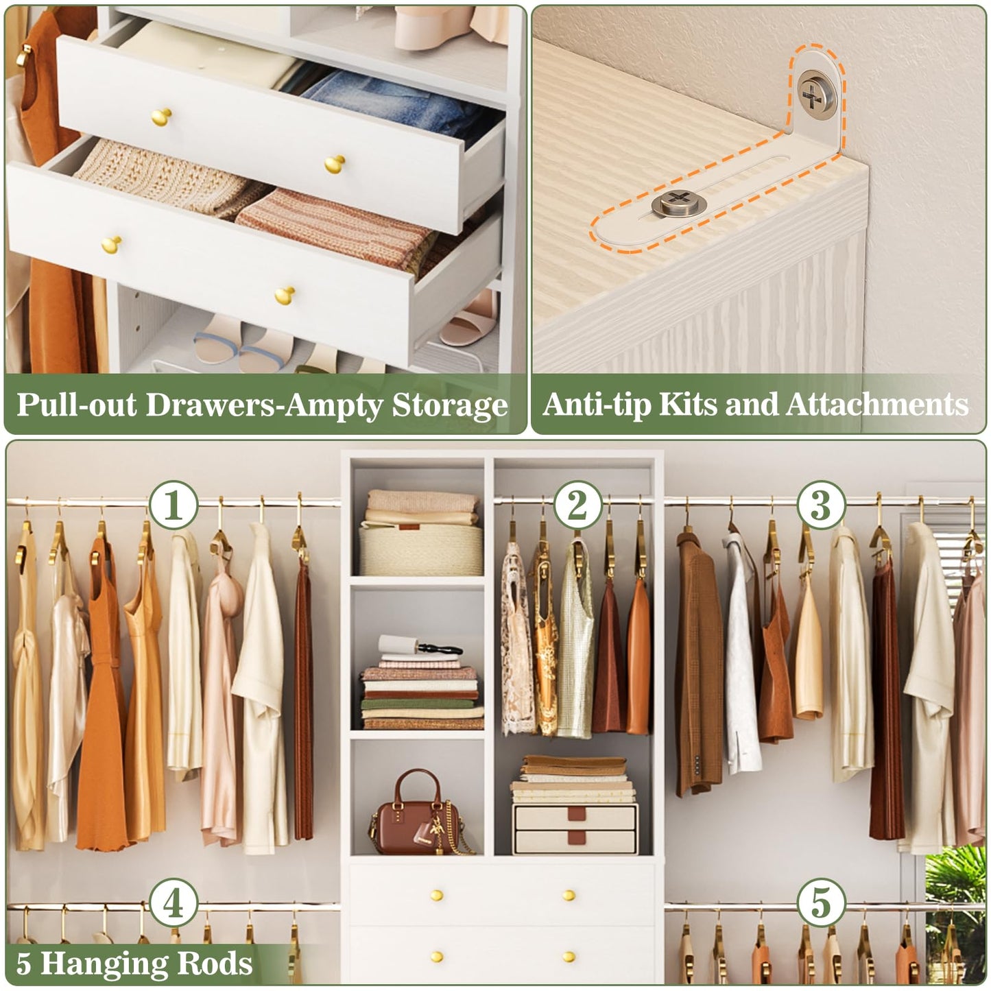Besiost Closet System, 4.2–8.8 FT Closet Organizer with 2 Wooden Drawers and Shelves, Walk-in Closet System with Hanging Rods, Built-in Closet Tower, Can Fit 60 to 96 inch, White