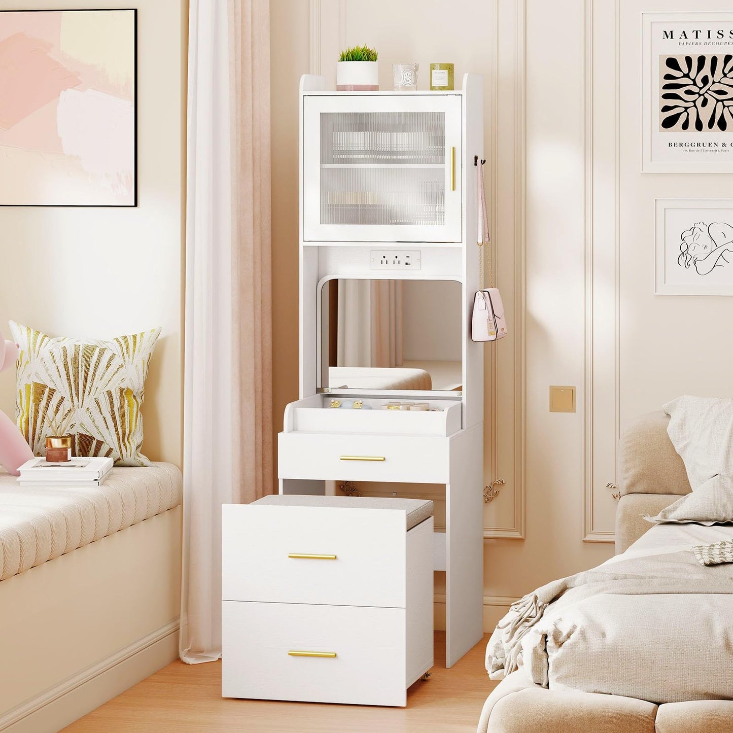 CHARMAID 3-in-1 Vanity Desk with Flip Top Mirror, Storage Stool on Wheels, Compact Makeup Vanity Table with Charging Station, Fluted Cabinet & Drawers, Tall Nightstand for Bedroom & Apartment, White