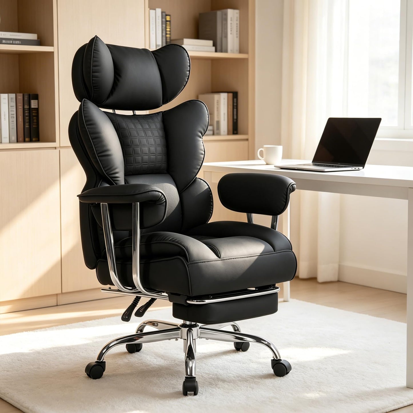 Big and Tall Office Chair 350 LBS, Scratch-Resistant PU Leather Executive Office Desk Chair with Footrest, Ergonomic Reclining Computer Chair with Pocket Spring Support for Home Office, Black
