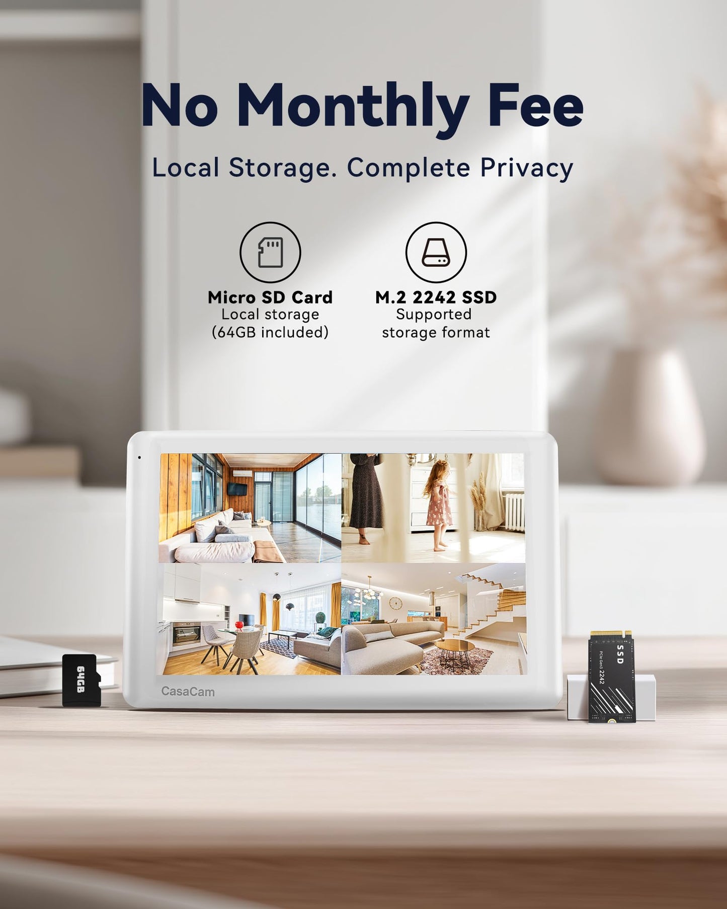 CasaCam Wireless Security Camera System Pro | 10.1” Touchscreen Monitor, 4 2K Floodlight Cameras | Indoor/Outdoor, No Monthly Fees, AI Detection, 2-Way Audio, 64GB SD Card, Model VS6104-64