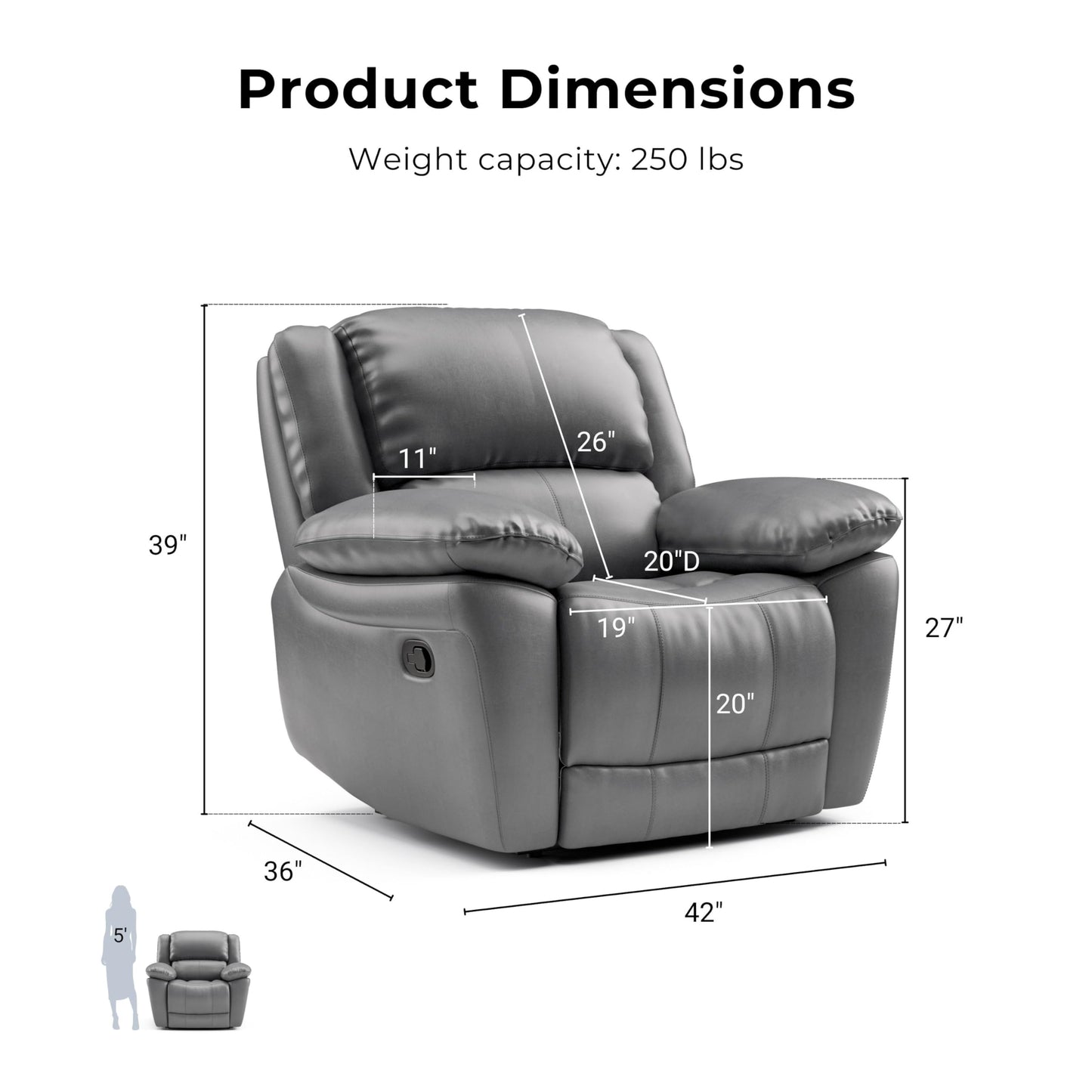 Furniture of America Sorin Modern Leather Recliner Chair with Pillow Armrests and High Density Foam, Reclining Sofa, Comfortable Couch for Living Room, Office, FSC Certified, Dark Gray