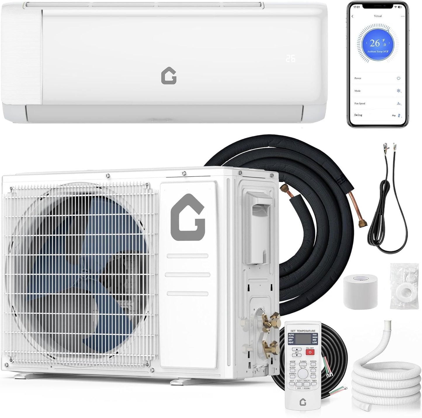 12000 BTU Mini Split Air Conditioner & Heater – 21 SEER2 Inverter, Ductless Wall-Mounted, 230V, R32, WiFi & Remote, High-Speed, ECO, Dehumidification, 24H Timer
