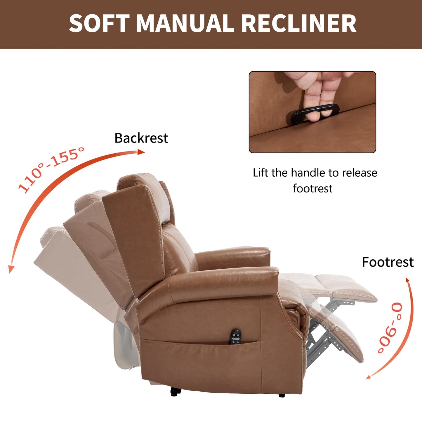KEIKI Mid Century Modern Oversized Recliner Accent Chair for Adults, Manual Leather Recliner Chair with Back Massager and Heating for Living Room, Home Soft Rocking Lounge Reading Chair, Camel