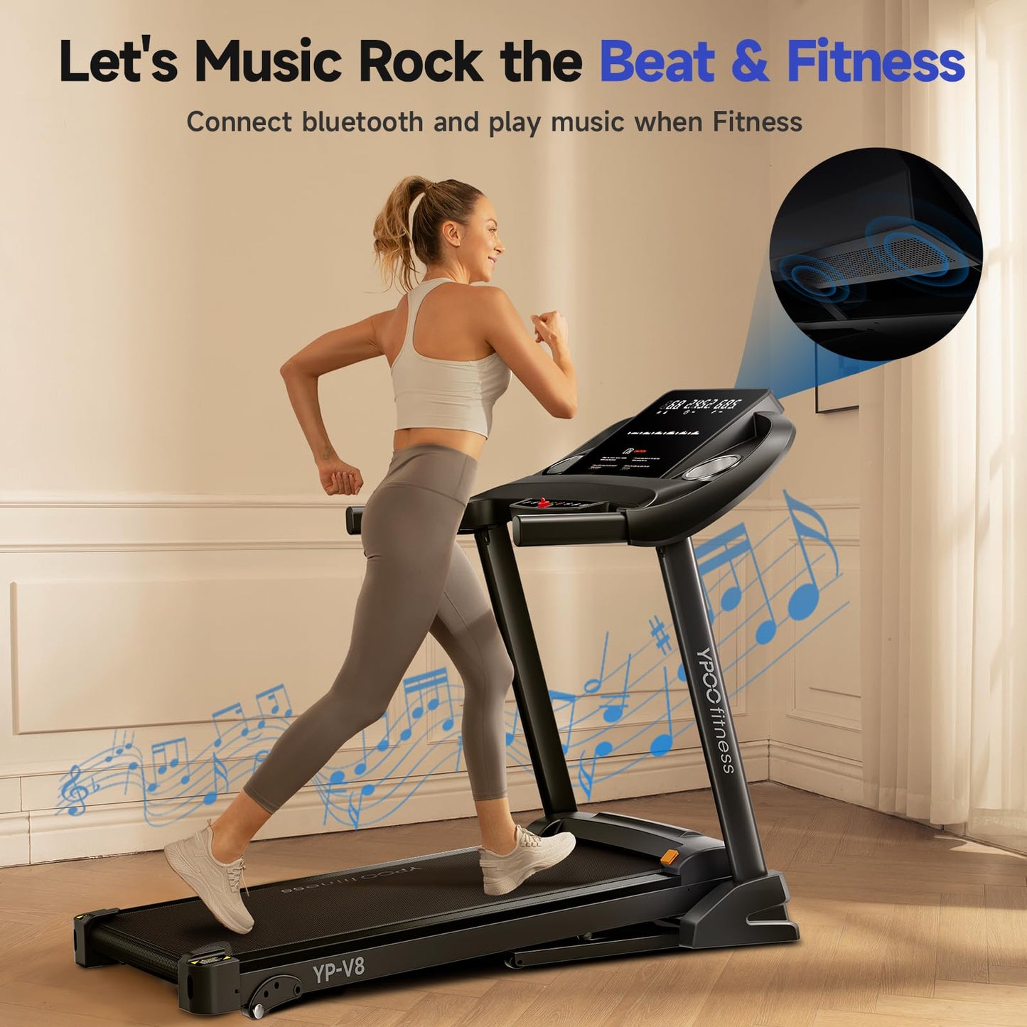YPOO Treadmills for Home Use, Walking Pad Treadmill with Incline, Auto Foldable Treadmills for Home, 8.0 MPH Running Treadmill with Bluetooth Enabled, 300 lbs User Capacity