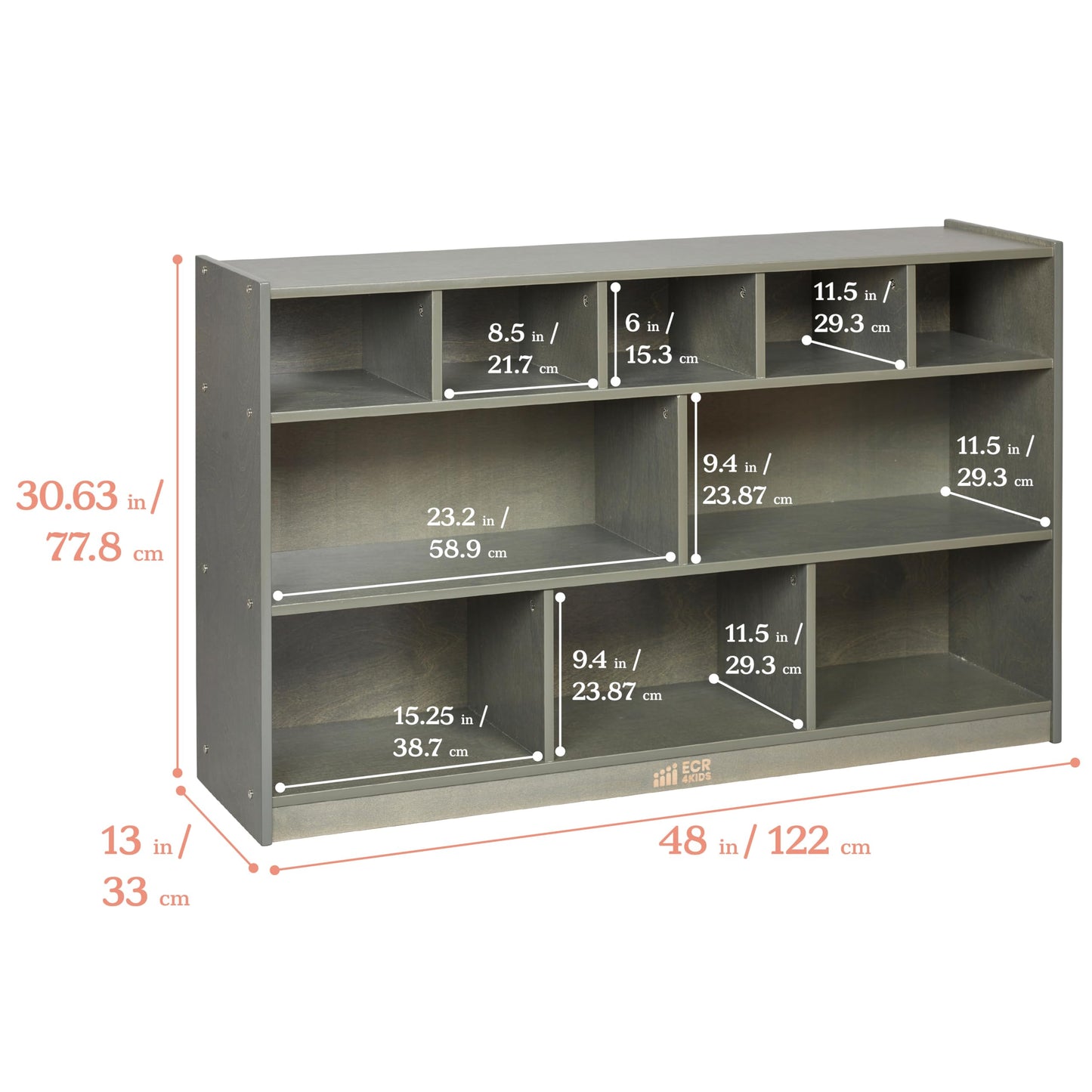 ECR4Kids 5+5 Cubby and Storage Mobile Tray Cabinet, Classroom Furniture, Grey Wash