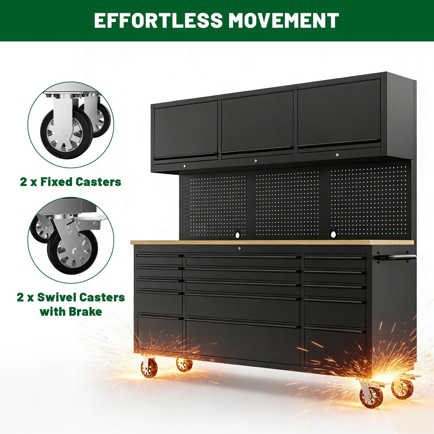 DOMINEVA 72-inch Heavy Duty Tool Chest & Rolling Workbench with 15 Drawers, Wheels,3 Upper Cabinet& Pegboard, for Garage, Shop, Workshop Use,Black