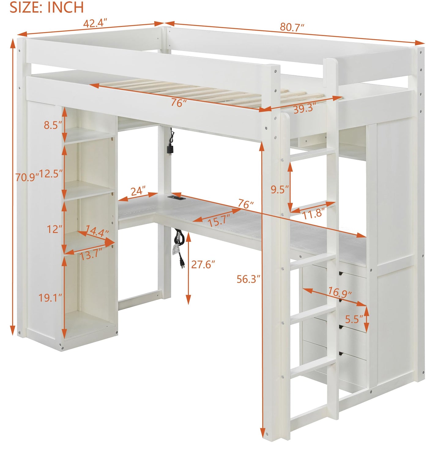 Merax Wood Twin Loft Bed with Desk & 4-Tier Bookshelf & 4 Drawers & Top Storage Shelves, Ash Veneer Bed Frame with Guardrails, Smart APP Control Light Strip, USB Charging Ports, Bear 400lbs, White