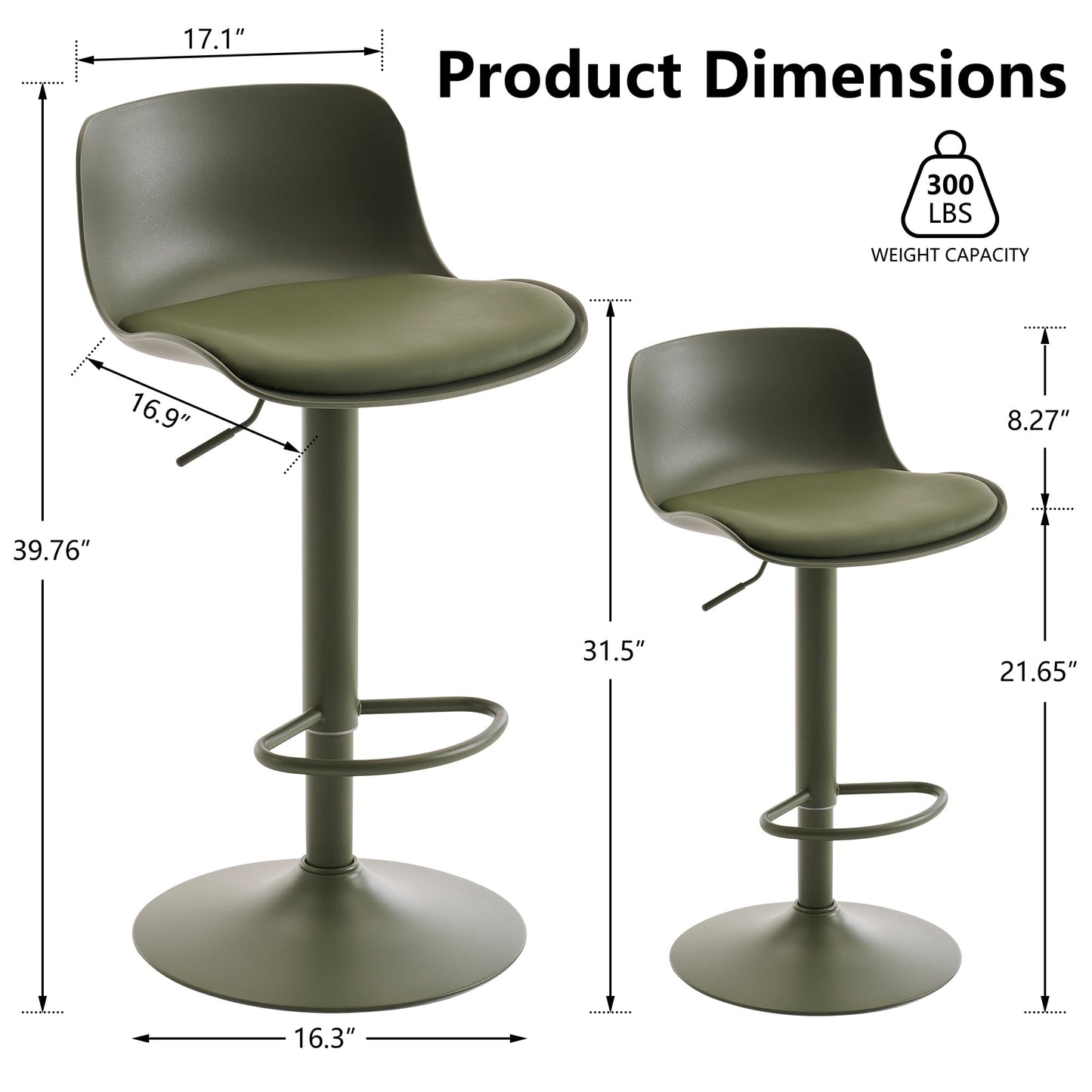 Kidol & Shellder Set of 2 Adjustable Swivel Bar Stools - Modern PU Leather Upholstered Counter Height Stools with Back Metal Base for Kitchen Island Home Bar Olive Green