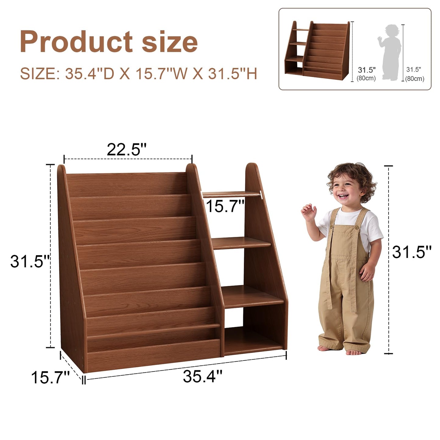 DONGMUWUJEE Solid Wood Kids Bookshelf and Storage Organizer, 7 Layer Children Bookcase, Baby Toddler Wooden Book Shelf, Display Cabinet for Playroom, Bedroom, Classroom, Nursery, School, Walnut