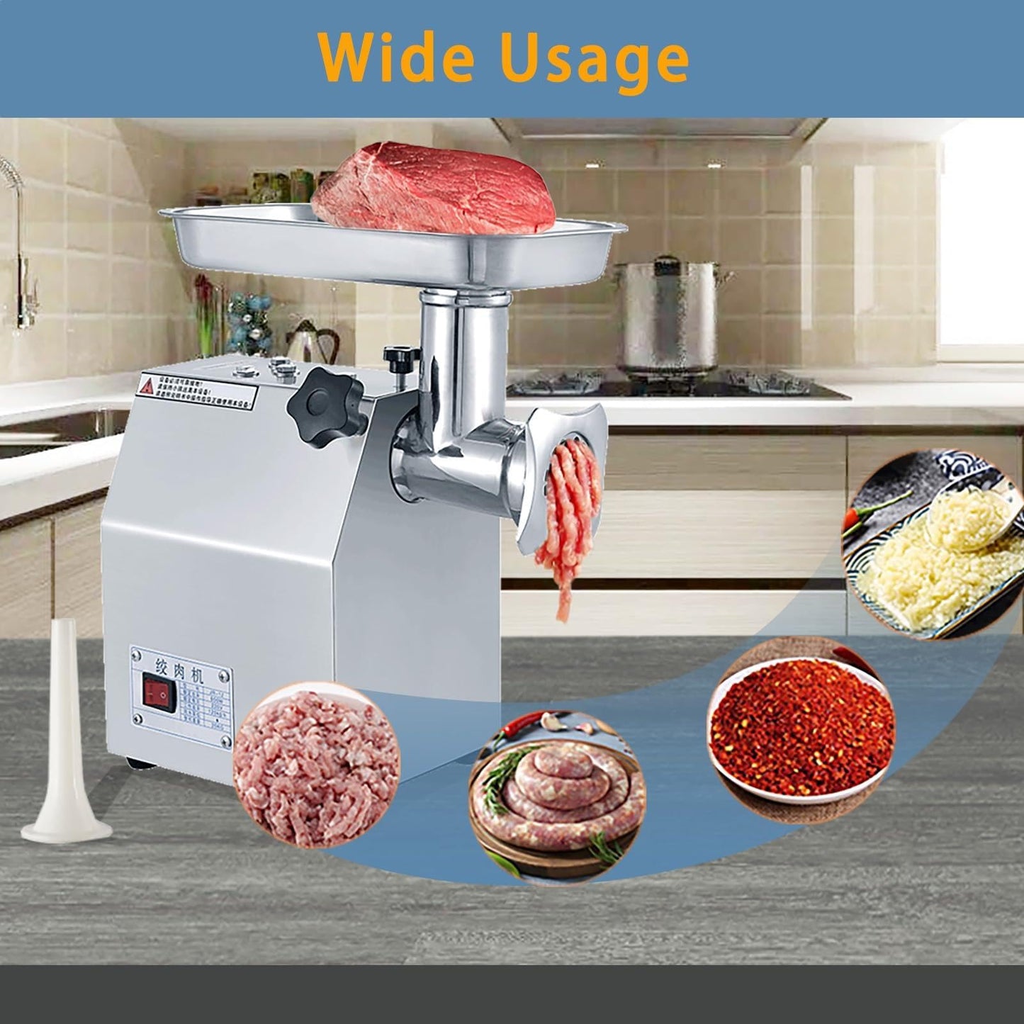800W Commercial Electric Meat Grinder for Home and Restaurant, Heavy Duty Stainless Steel Mincer with Sausage Stuffer, 6mm/8mm Plates, Dual Blades, Food Processor for Meat, Poultry, Fish, Veg