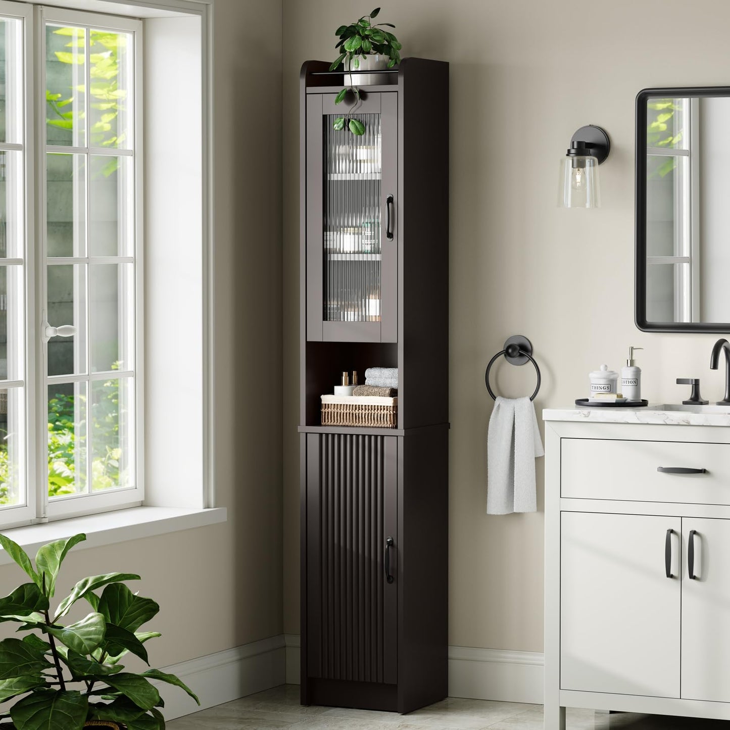 MXARLTR 71'' Tall Bathroom Cabinet, Narrow Slim Storage Cabinet, Freestanding Fluted Floor Linen Tower for Small Space Bathroom Oragnizer for Living Room Kitchen (Espresso)