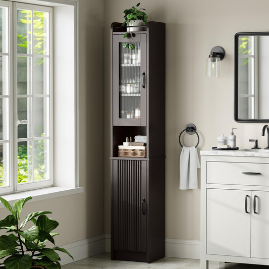 MXARLTR 71'' Tall Bathroom Cabinet, Narrow Slim Storage Cabinet, Freestanding Fluted Floor Linen Tower for Small Space Bathroom Oragnizer for Living Room Kitchen (Espresso)