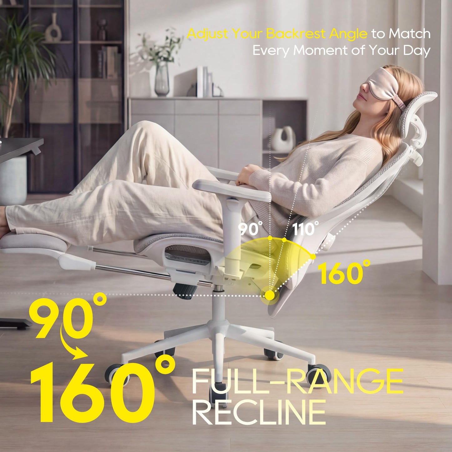 CYKOV Ergonomic Office Chair with Footrest - Adjustable Lumbar Support & Headrest, 90-160° Reclining Mesh Back Computer Chair - Home Office/Gaming, 350lbs Capacity (W-Grey, Mesh)