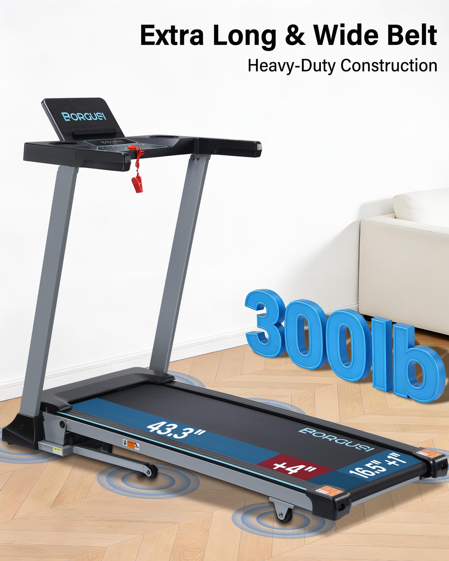 BORGUSI Auto Incline Treadmill for Home - 47.3"x17.5" Long Wide Belt, 3.5 HP, Bluetooth App, 10 MPH, 300 lbs Capacity, 40 Preset Programs